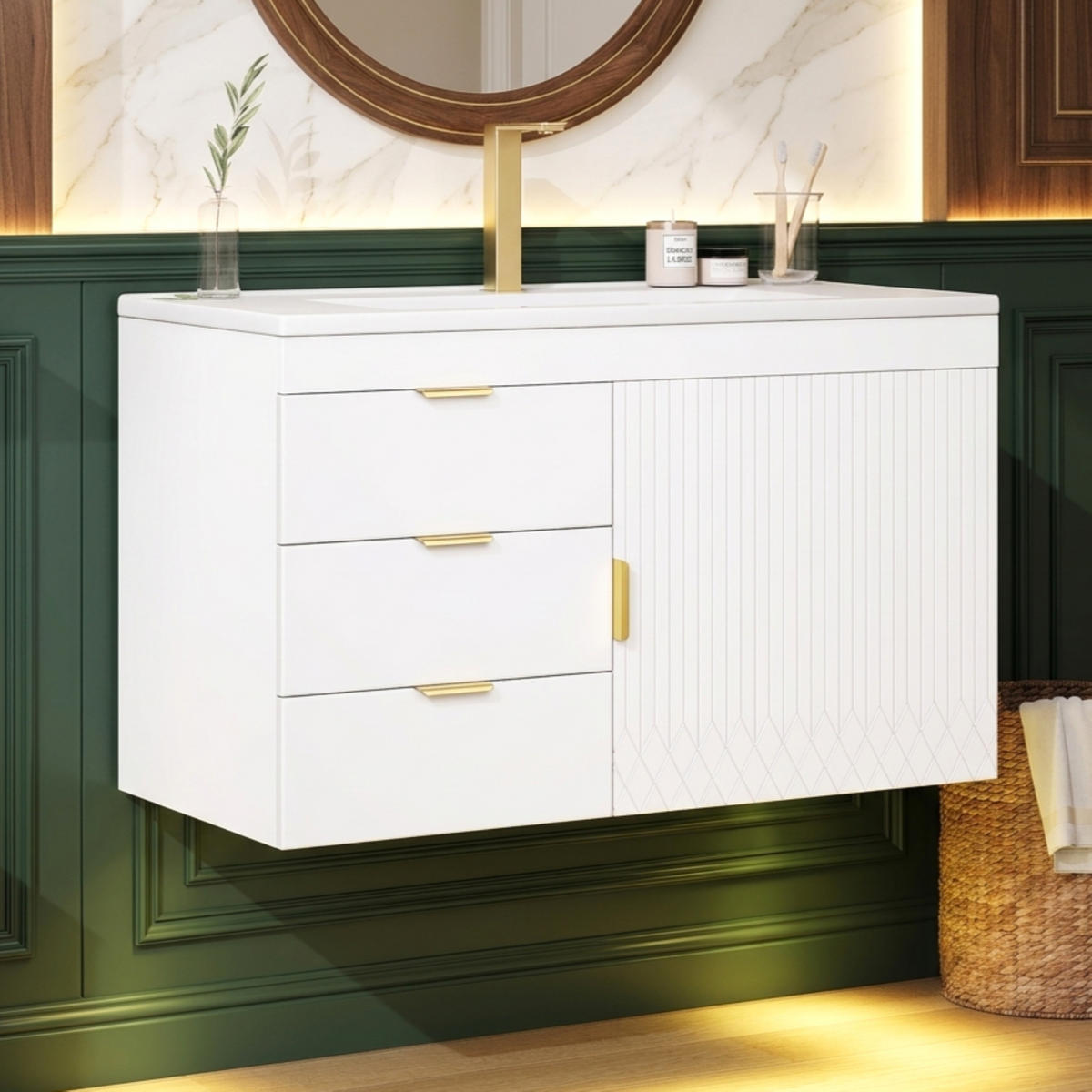 WASCHTISCHKOMBI 76/46/51 cm Weiß mit LED und App, Ohne Wasserhahn - Weiß, Holz/Holzwerkstoff (46/51/76cm) - Oxeza