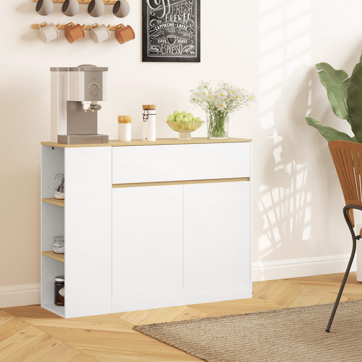 SIDEBOARD Küchenschrank mit Schublade, verstellbare Ablage, Aufbewahrungsschrank - Weiß/Naturfarben, Holz/Holzwerkstoff (30/81.5/105cm) - HOMCOM