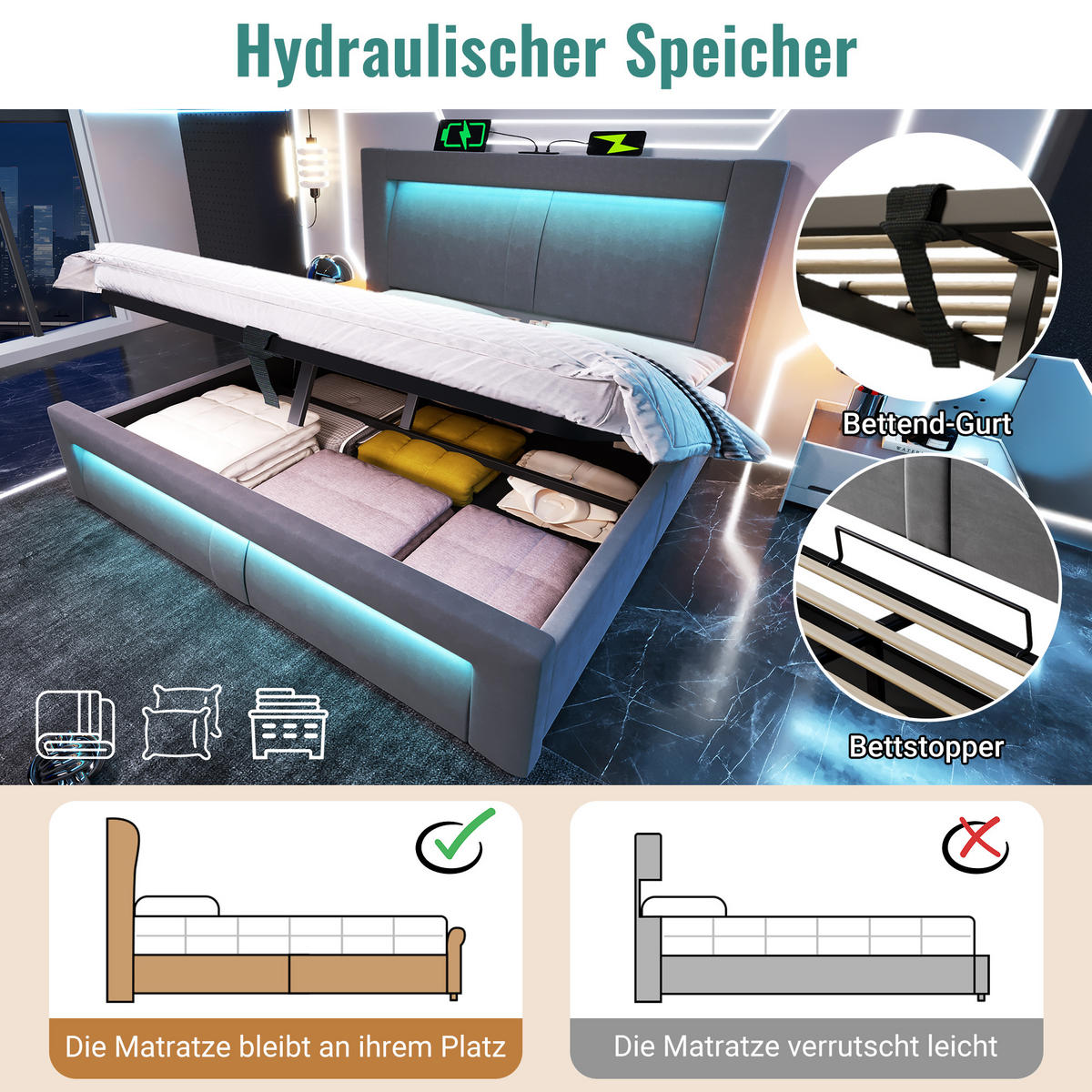 POSTEL 180x200 cm, šedý samet - šedá, textil (180/200cm) - Urban Meuble