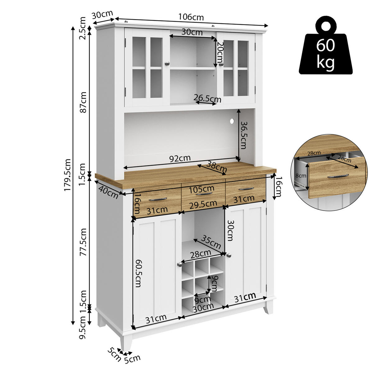 HOCHSCHRANK aus MDF mit LED-Beleuchtung und Weinregal, 106/40/179,5 cm, Weiß und Natur - Weiß, Holzwerkstoff (106/179.5/40cm) - Redom