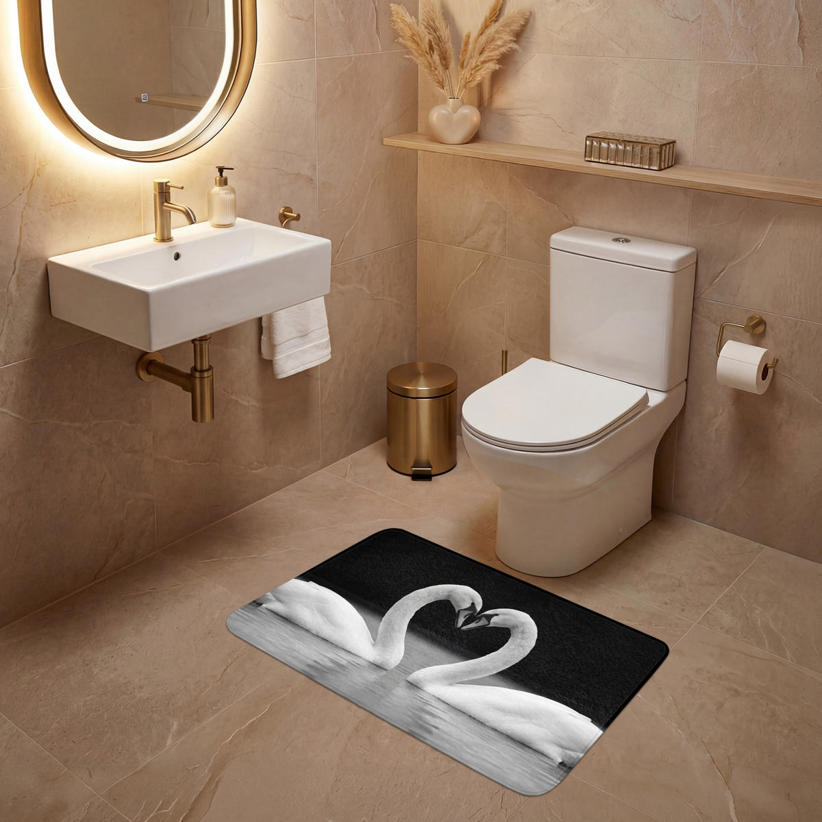 WC PŘEDLOŽKA Labutě - srdce - černá - bílá 80x50 cm - černá, textil/plast (80/1cm) - OnlyWow