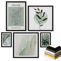 WANDBILDER 5er-Set - 50x50 cm & 20x30 cm & 40x60 cm Schwarzer Rahmen - Grün-beige Pflanzenmuster - Schwarz, Kunststoff (40/60cm) - ArtPrintCave