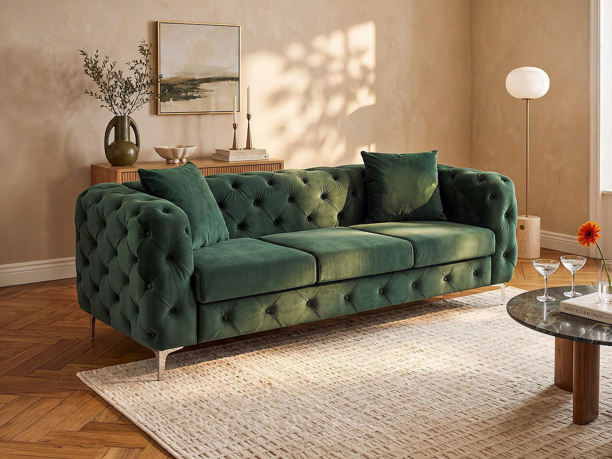 SOFA - 3 Personen - samt - grün Edwina - Grün, Textil/Metall (220/76/91cm) - Vente-Unique
