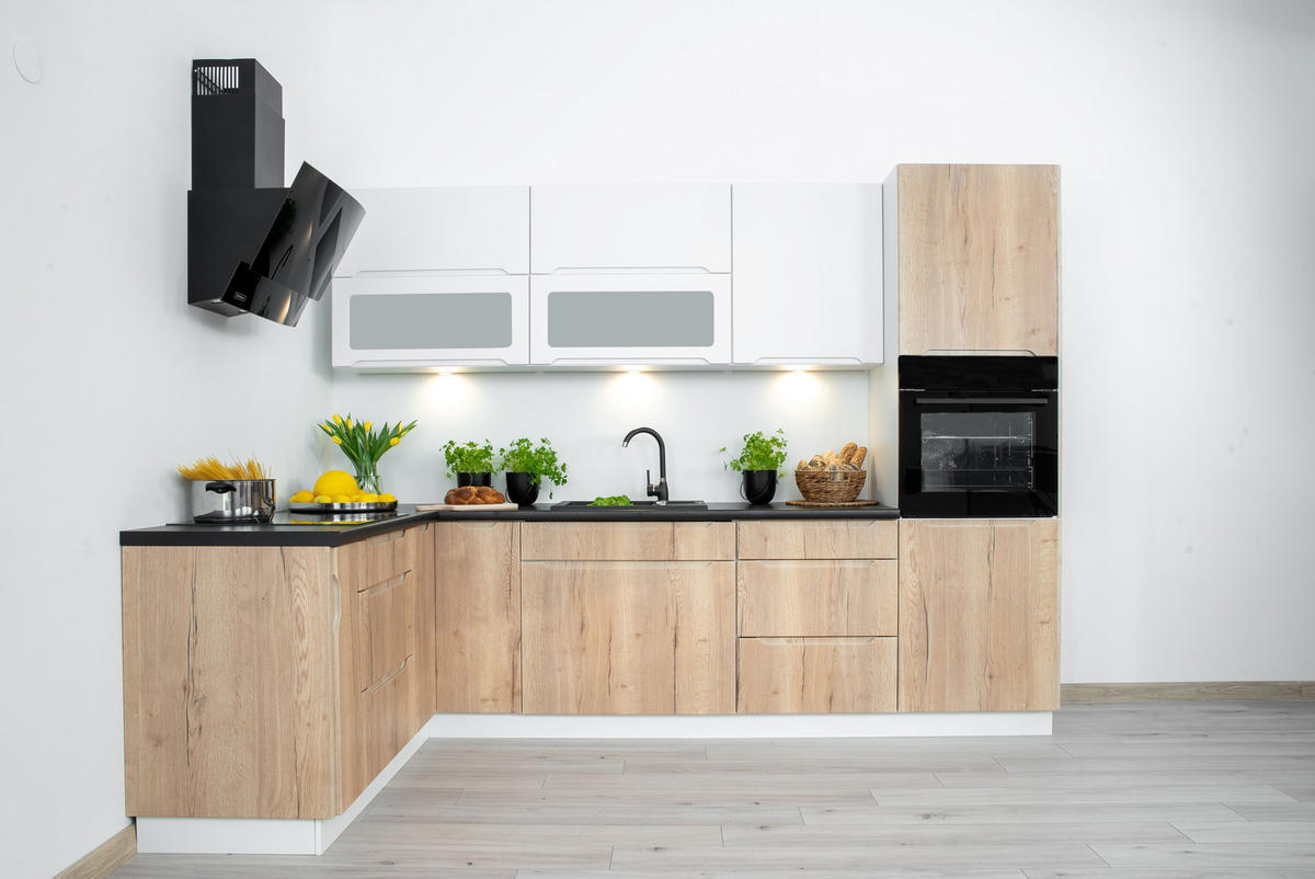 WINKELKÜCHE KS12-G290 - Zivora - Modern & funktional - Eichefarben/Weiß, Holz/Metall (290/213.3/170cm) - ROYAL24_MARKT