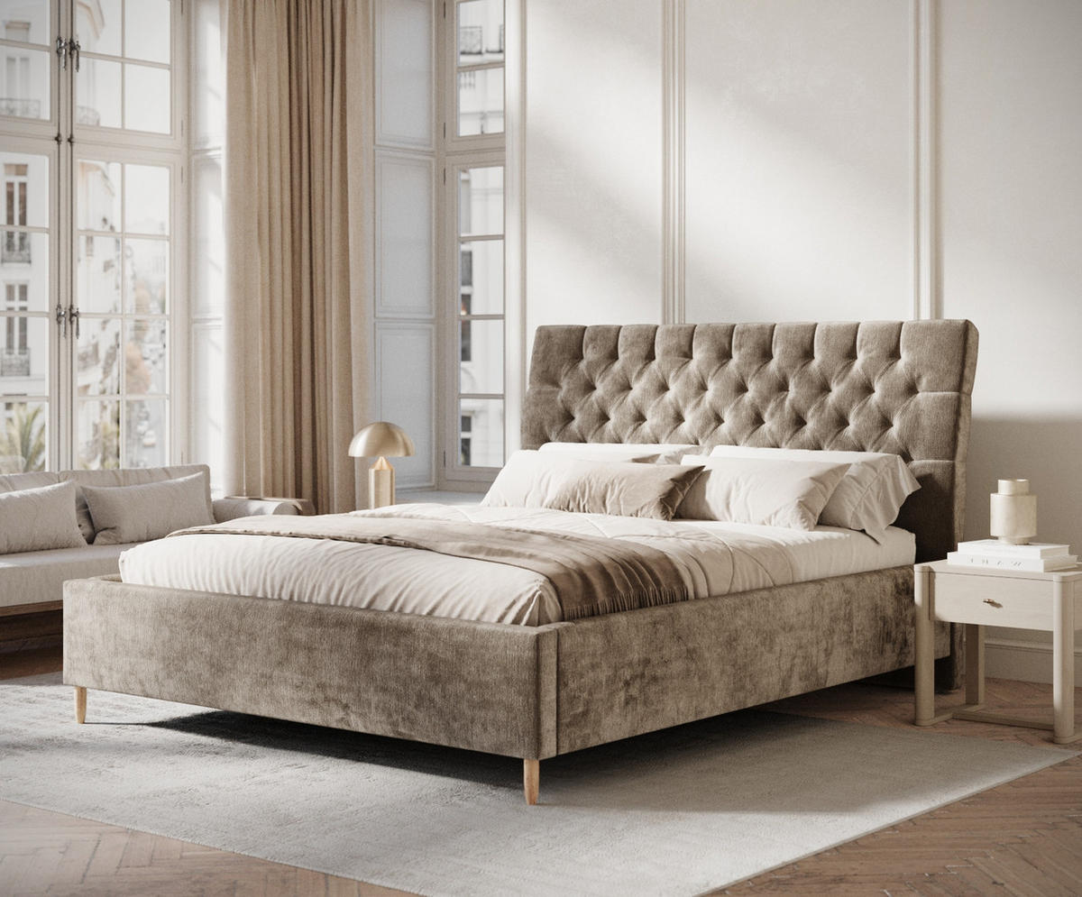 POLSTERBETT Vezzola Beige 140/200 cm im Chenille-Stoff - Beige/Naturfarben, Holz/Holzwerkstoff (140/200cm) - Maison de Reve