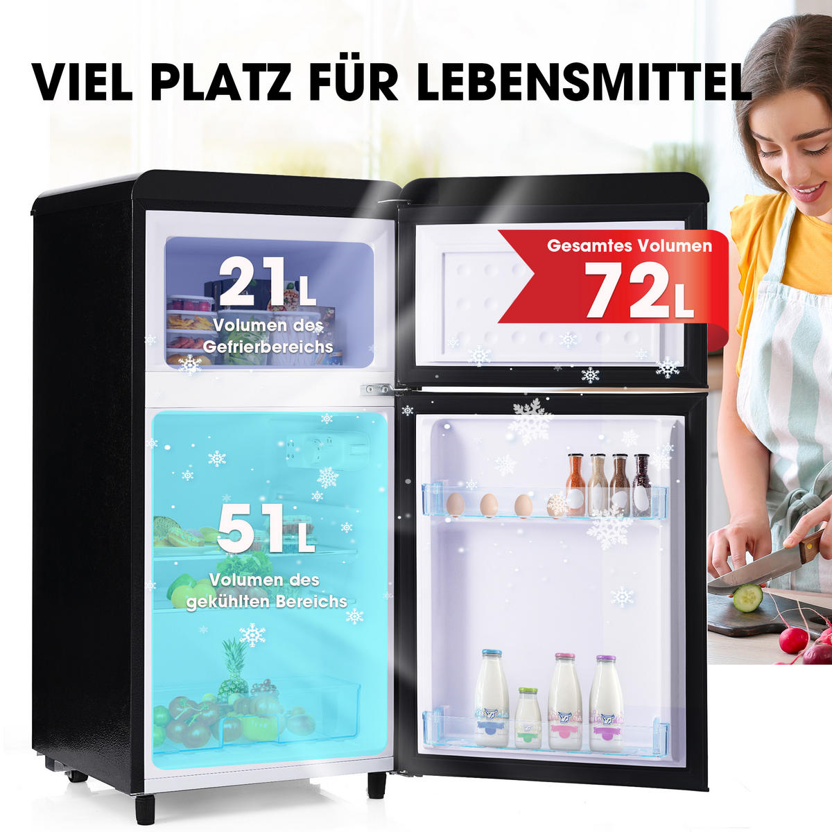 RETRO KÜHLSCHRANK 72L Doppeltür 21L Gefrier LED E Klasse - Schwarz, Kunststoff (45/91/46cm) - FLIEKS