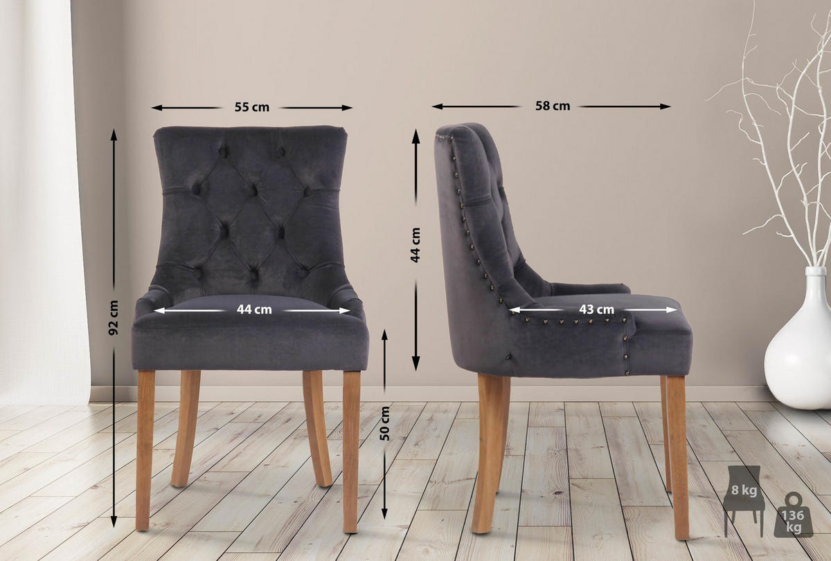 STUHL Samt dunkelgrau - Dunkelgrau/Naturfarben, Holz/Textil (55/92/58cm) - CLP