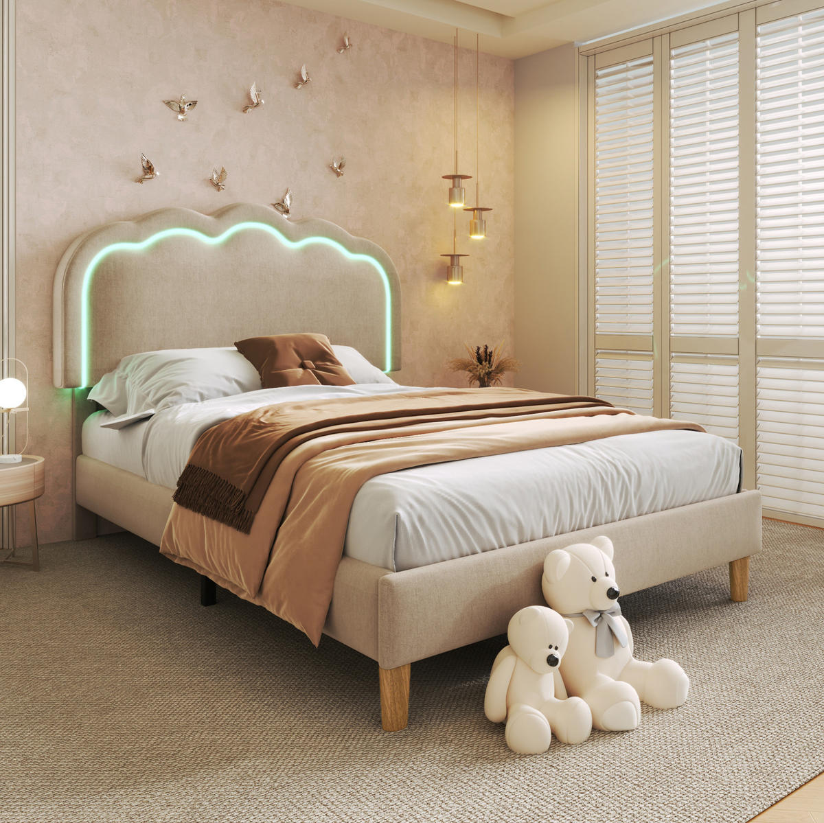 POLSTERBETT 90/200 cm Beige aus Leinen mit LED-Kopfteil - Beige, Textil (90/200cm) - OKMYHOME