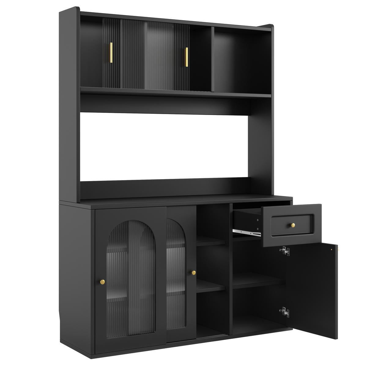 KÜCHENBUFFET mit LED-Beleuchtung, Glaselementen und verstellbaren Einlegeböden, 120 x 35 x 167 cm, Schwarz, MDF, Spanplatte - Schwarz, Holzwerkstoff (120/167/35cm) - SONNENH