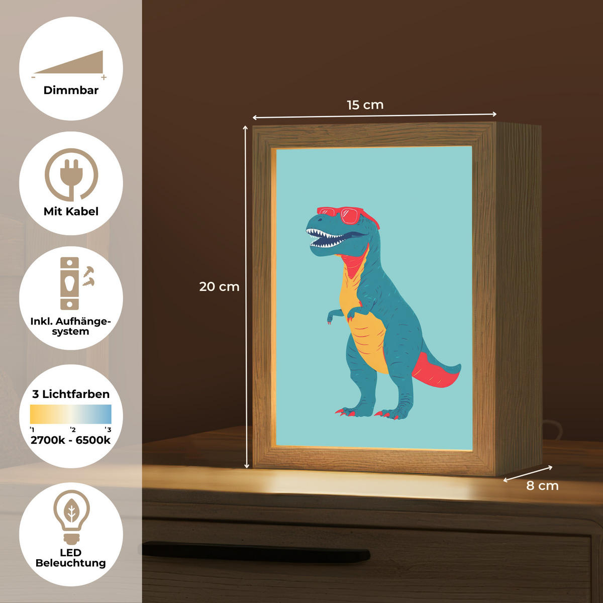 NACHTTISCHLAMPE Dinosaurier - Blau - Sonnenbrille 15x20 cm - Hellblau, Holzwerkstoff (8/15/20cm)