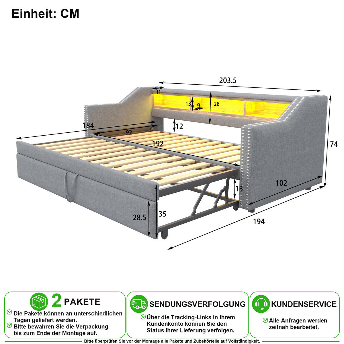 SCHLAFSOFA 90/190 cm & 180/190 cm in Hellgrau mit Ausziehbett, LED und USB - Hellgrau, Holzwerkstoff/Textil (90/190cm) - CHICFURN