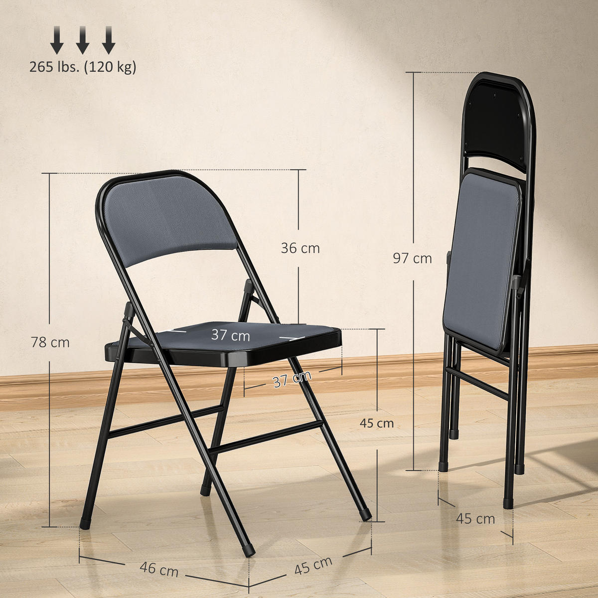 KLAPPSTUHL 4er-Set DE-13357 Rippvelours & Stahlrahmen Grau - Schwarz, Metall (46/78/45cm) - ComfortXL