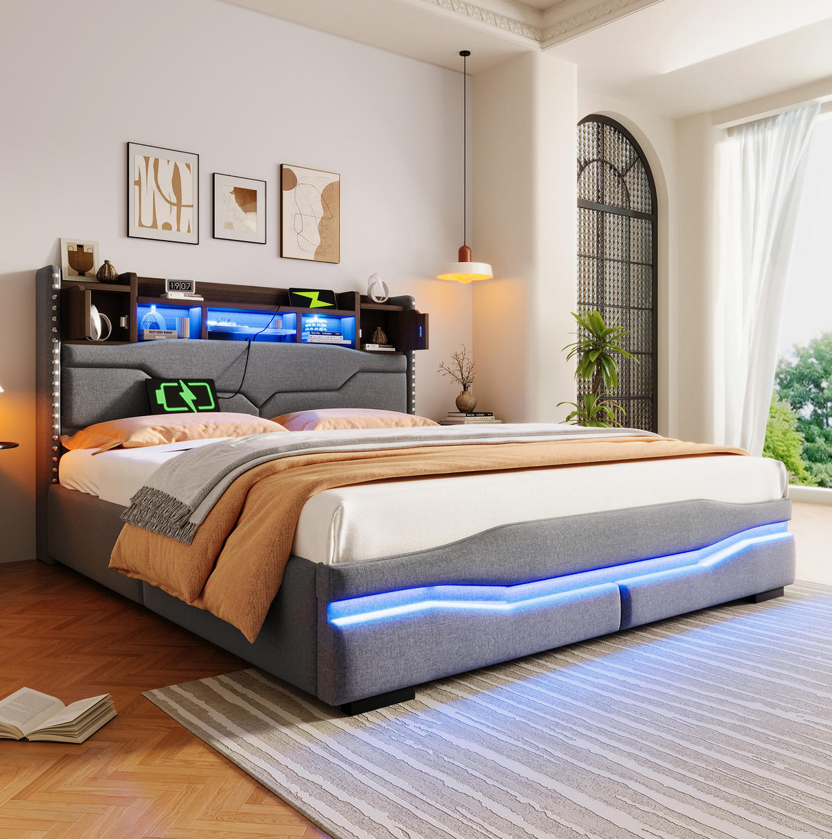 POLSTERBETT 160/200 cm aus Leinen mit LED-Beleuchtung, Grau - Grau, Textil (160/200cm) - OKMYHOME