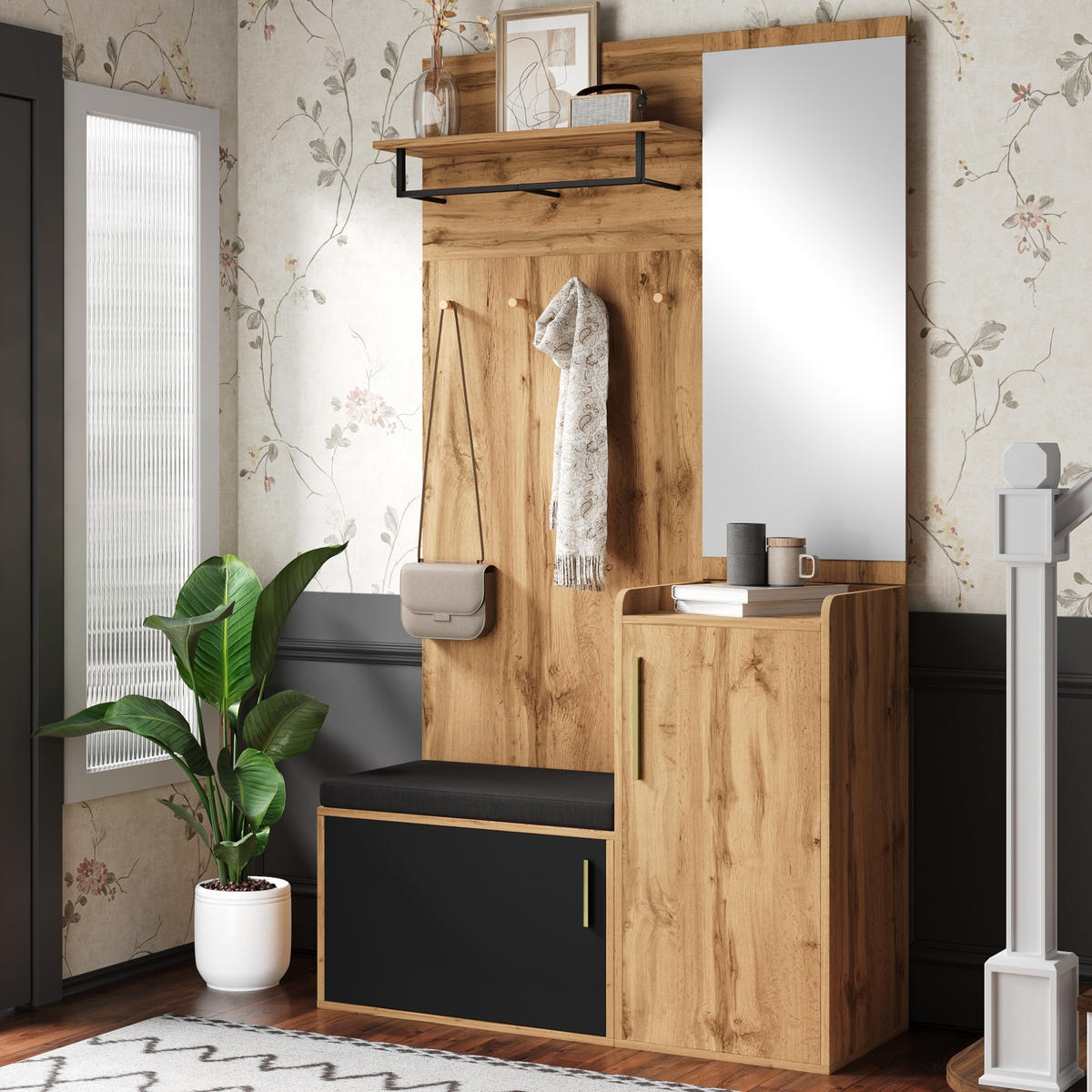 GARDEROBE mit Spiegel und Sitzbank 100 x 38 x 185 cm Eiche-Schwarz - Schwarz, Holzwerkstoff (38/185/100cm) - Beauniv