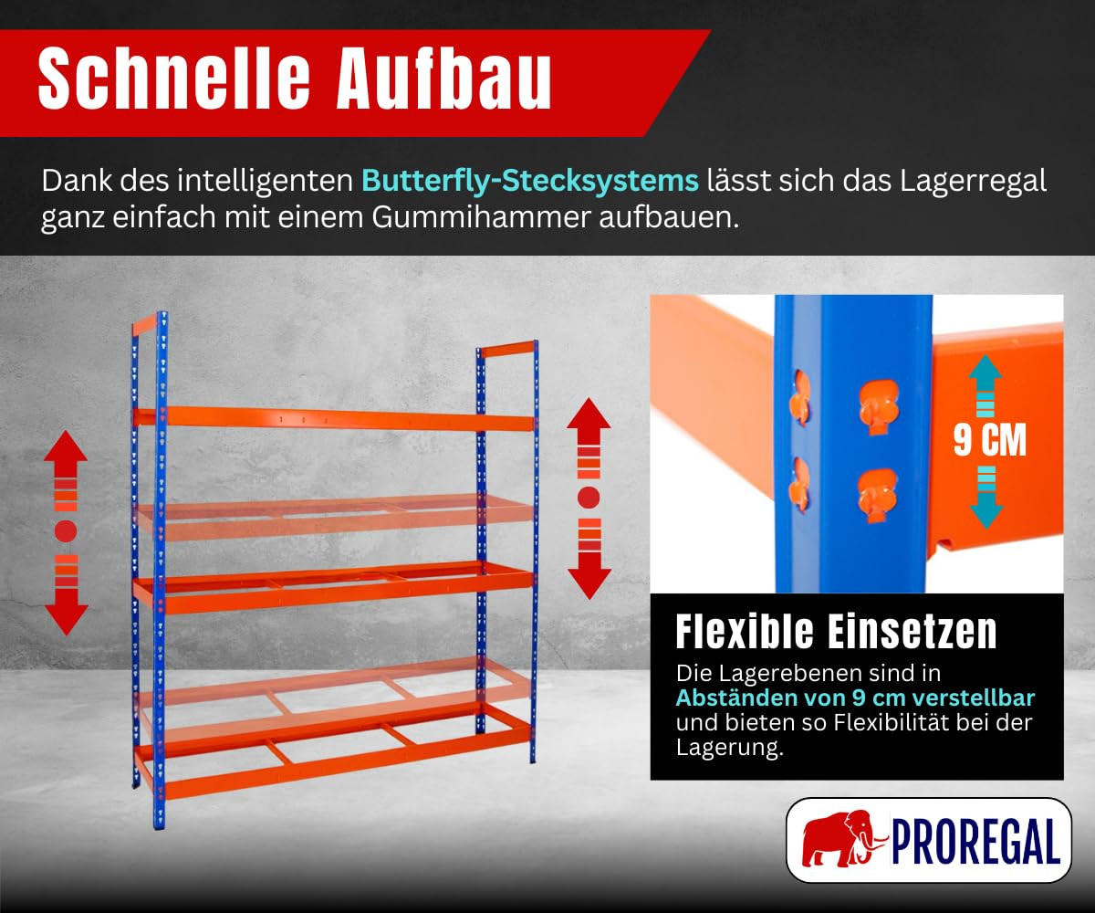 REIFENREGAL Tiger XL 200x180x45 cm 300 kg Fachlast bis zu 21 Reifen auf 3 Ebenen Blau/Orange - Blau/Orange, Metall (180/200/45cm) - PROREGAL