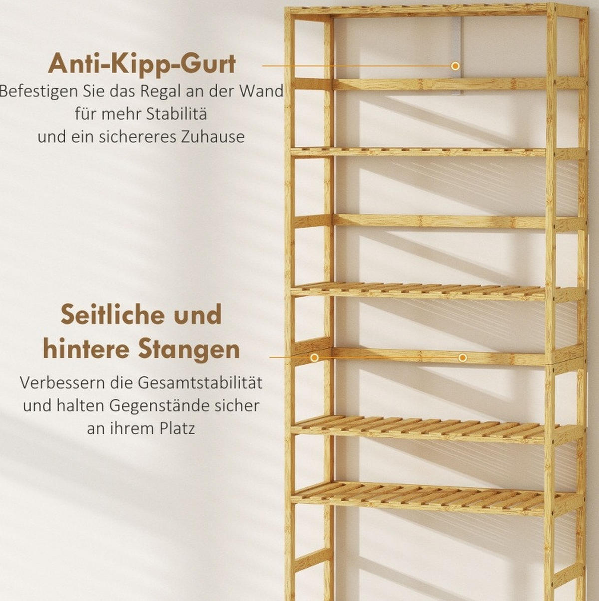 STANDREGAL aus Bambus 60x26x161 cm Naturholz mit 6 Ebenen, verstellbaren Regalböden und platzsparendem Design - Naturfarben, Naturmaterialien (60/161/26cm) - Modfu