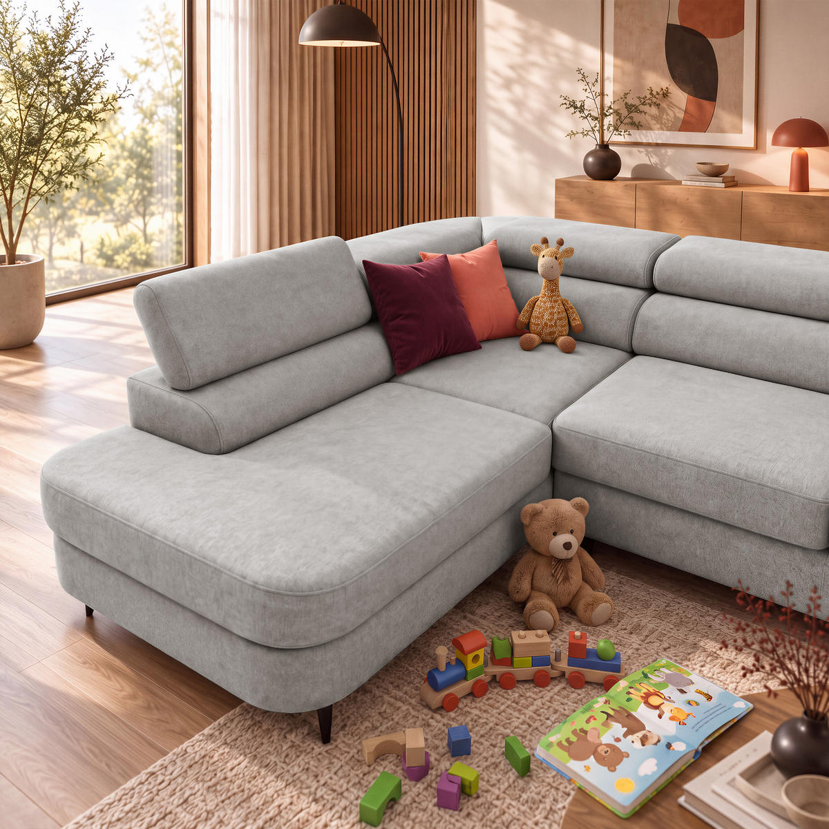 ECKSOFA U-Form PRIAM MAXI U Links mit Schlaffunktion 125x317 Velours Hellgrau - Hellgrau/Schwarz, Holz/Textil (203/91/400cm) - Muffo
