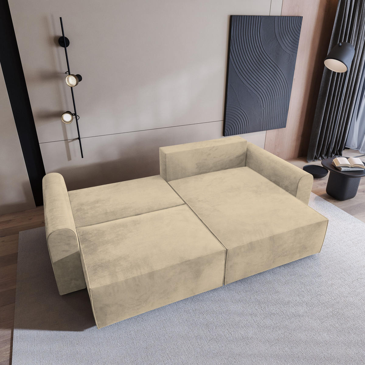 ECKSOFA FIANO M Creme Velours-Stoff mit Schlaffunktion - Creme, Holz (245/148cm) - MASSENO