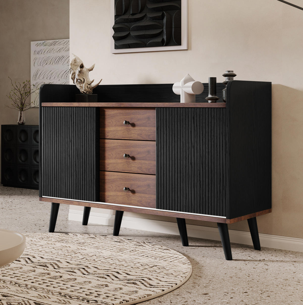 SIDEBOARD 117,5/40/80 cm aus Holzwerkstoff mit Schiebetüren und 3 Schubladen Schwarz/Holzfarben - Schwarz, Holzwerkstoff (117/80/40cm) - Modenvie