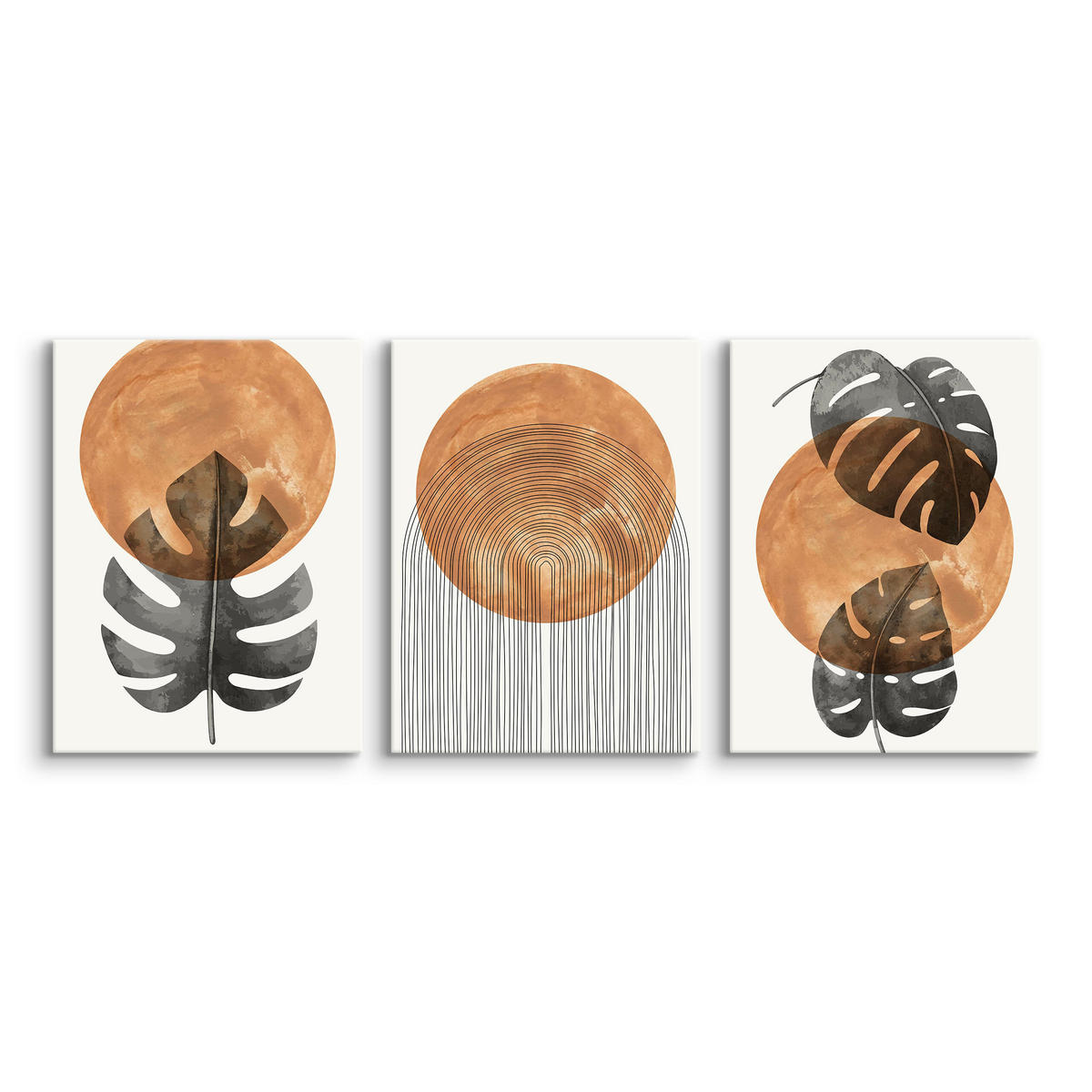 LEINWANDBILDER 3-es Set Blätter Kreise - Schwarz/Weiß, Textil (90/40cm) - Muralo