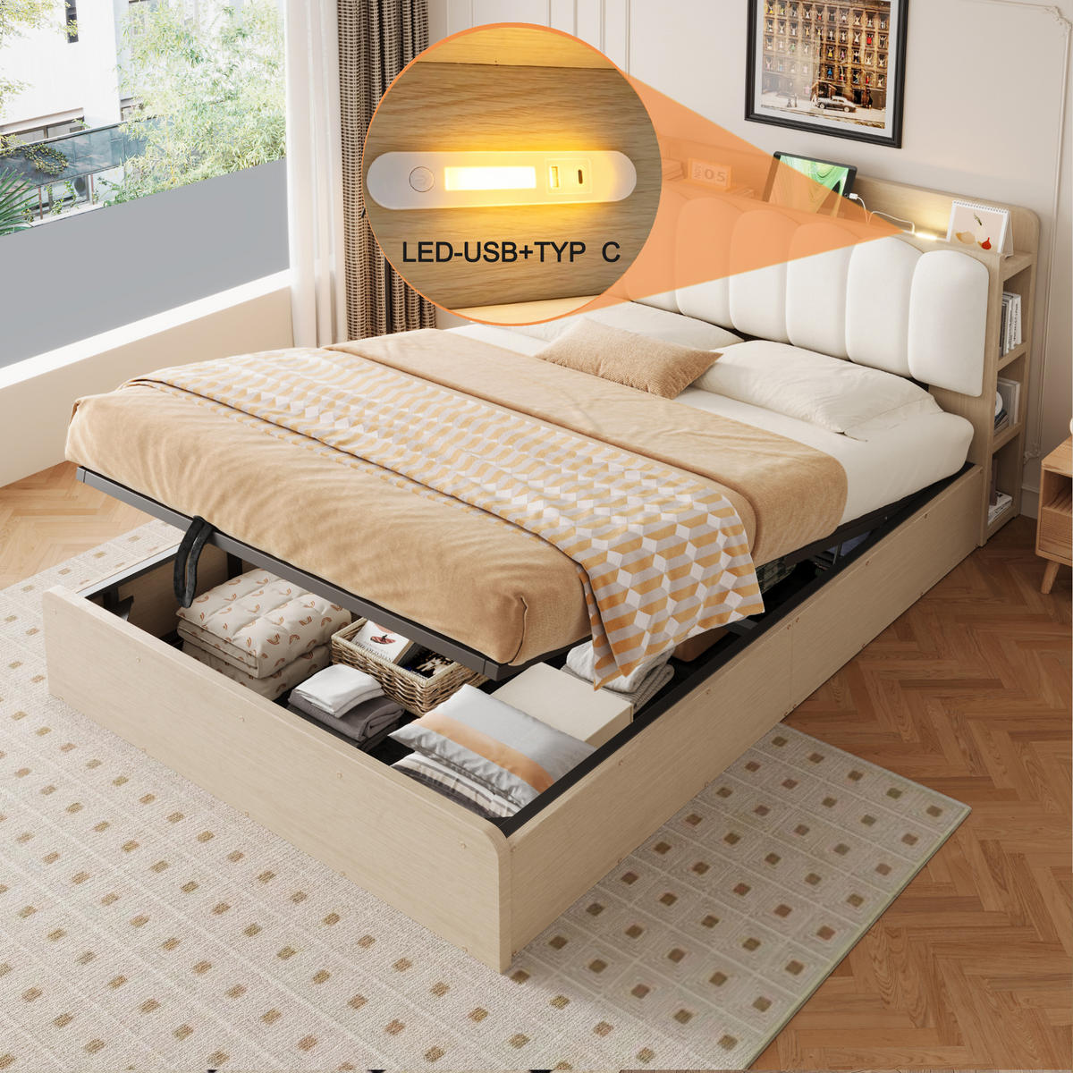BETT 140/200 cm in Naturfarben mit Bettkasten, USB und Ablage Holz Design - Weiß/Naturfarben, Holzwerkstoff/Textil (140/200cm) - STILVORA