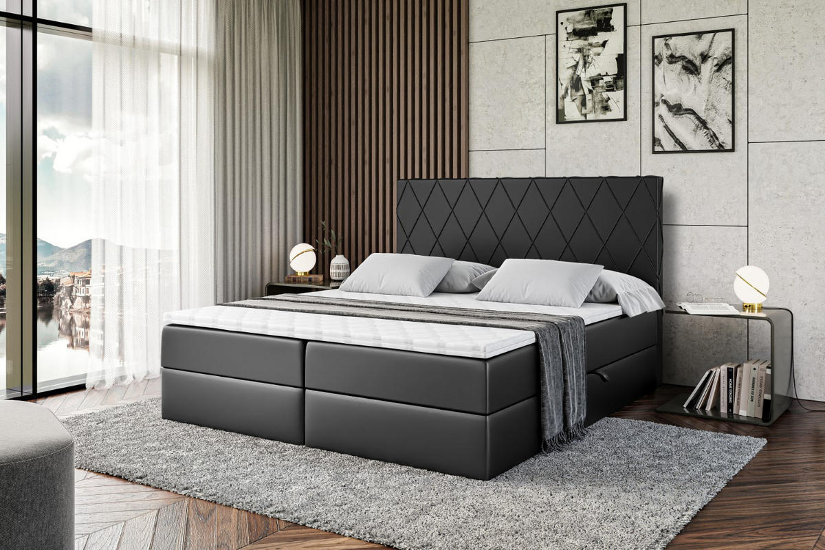 BOXBETT mit H3-Matratze und Lattenrost - LEPARO - 160x200 Schwarz Hochglanz - Schwarz Hochglanz, Holzwerkstoff (160/200cm) - ALTDECOR