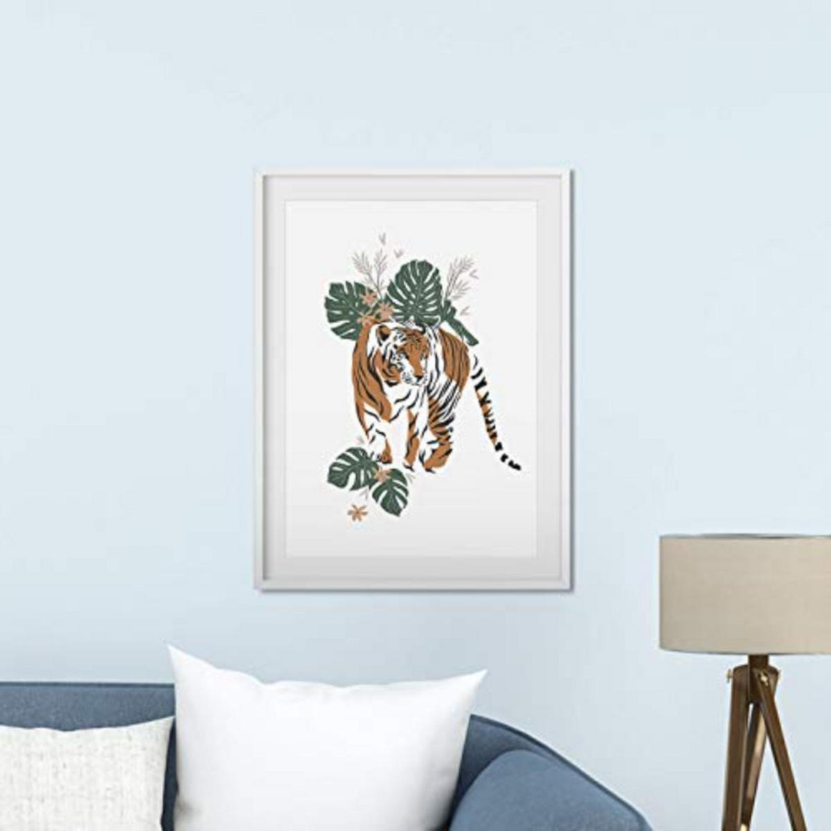POSTER Set mit 4 tiere Tiger Leopard Tiere, Blumen und Pflanzen des Dschungels A4 Schwarzer Rahmen - Schwarz, Papier (29.7/3cm) - Nacnic