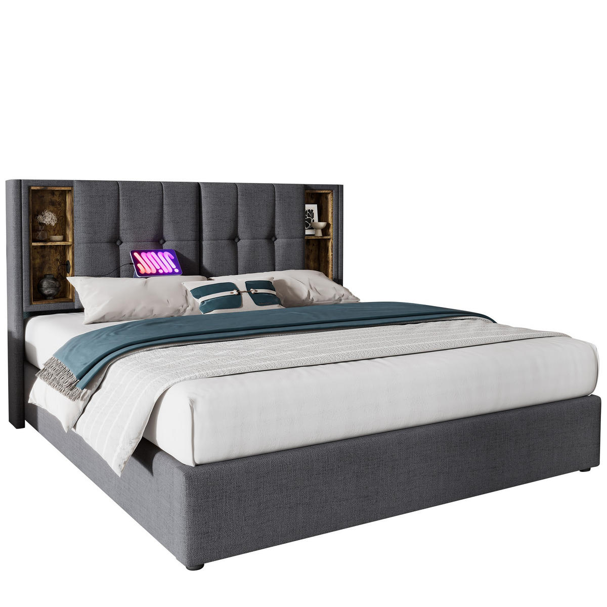 POLSTERBETT 160/200 cm Grau mit kabellosem Laden und USB-Anschlüssen - Grau, Textil (160/200cm) - OKWISH