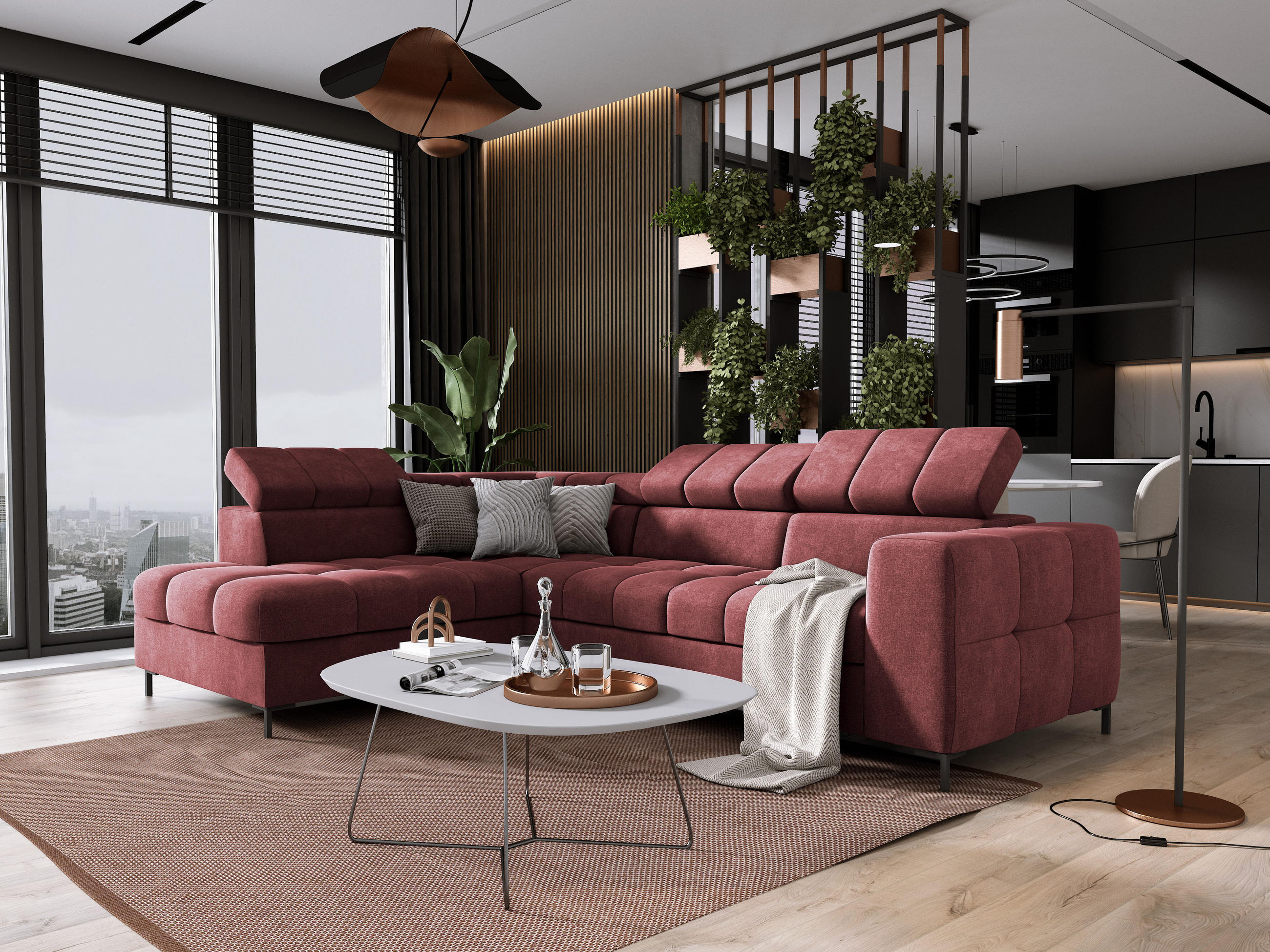 ECKSOFA PABLO VOGUE L‑förmig mit Bett, Bettkasten, verstellbaren Kopfstützen, weichen Metallfüßen, freistehend, LINKS, 270x201x97 cm, Bordeaux - Bordeaux, Holz/Textil (201/270cm) - DomoHome