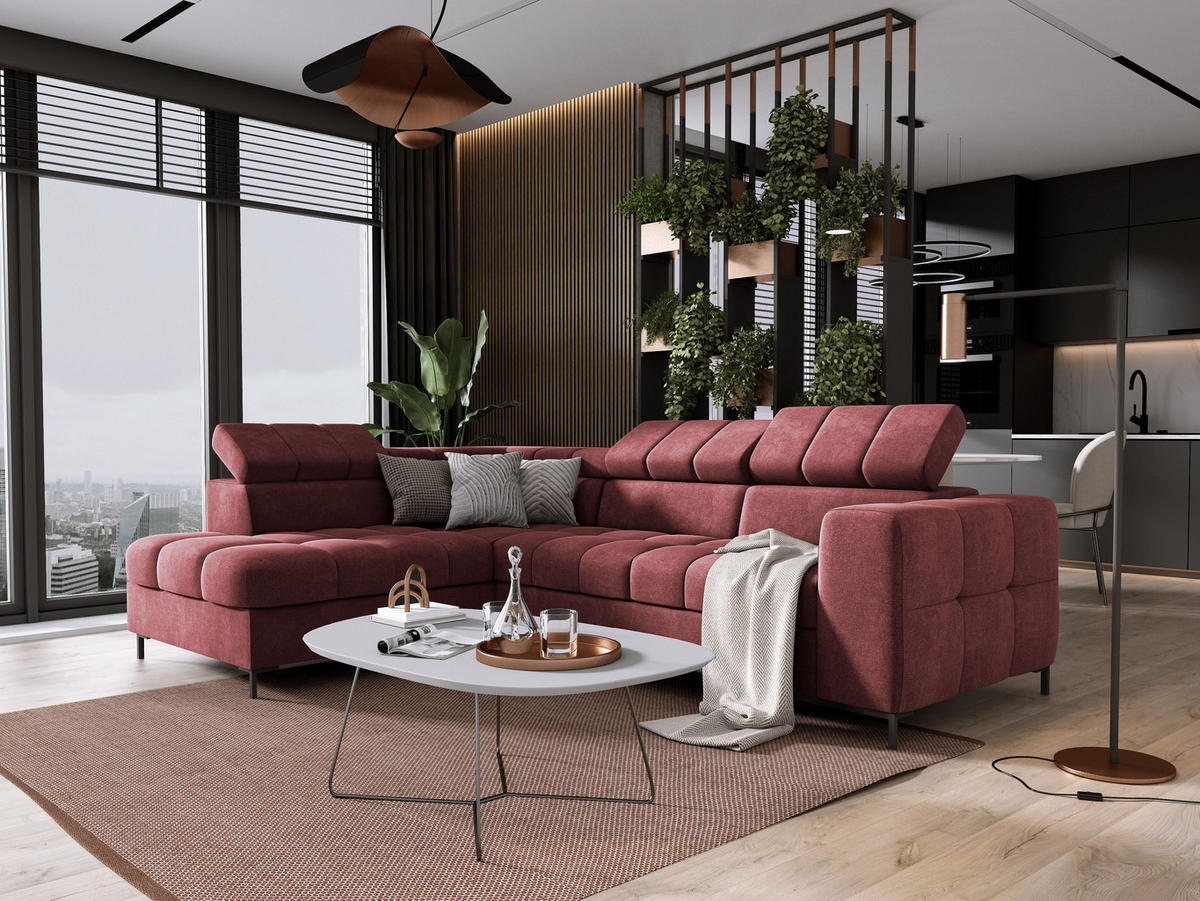 ECKSOFA PABLO VOGUE L‑förmig mit Bett, Bettkasten, verstellbaren Kopfstützen, weichen Metallfüßen, freistehend, LINKS, 270x201x97 cm, Bordeaux - Bordeaux, Holz/Textil (201/270cm) - DomoHome