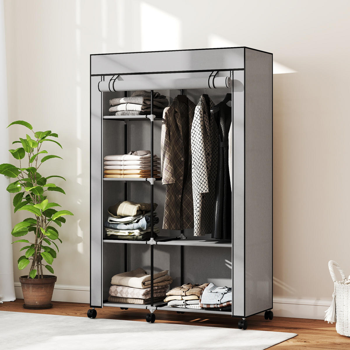 STOFFSCHRANK mit 6 Regalen und 1 Kleiderstange, platzsparende Aufbewahrungslösung in Hellgrau - Hellgrau, Metall (103/162.5/43cm)