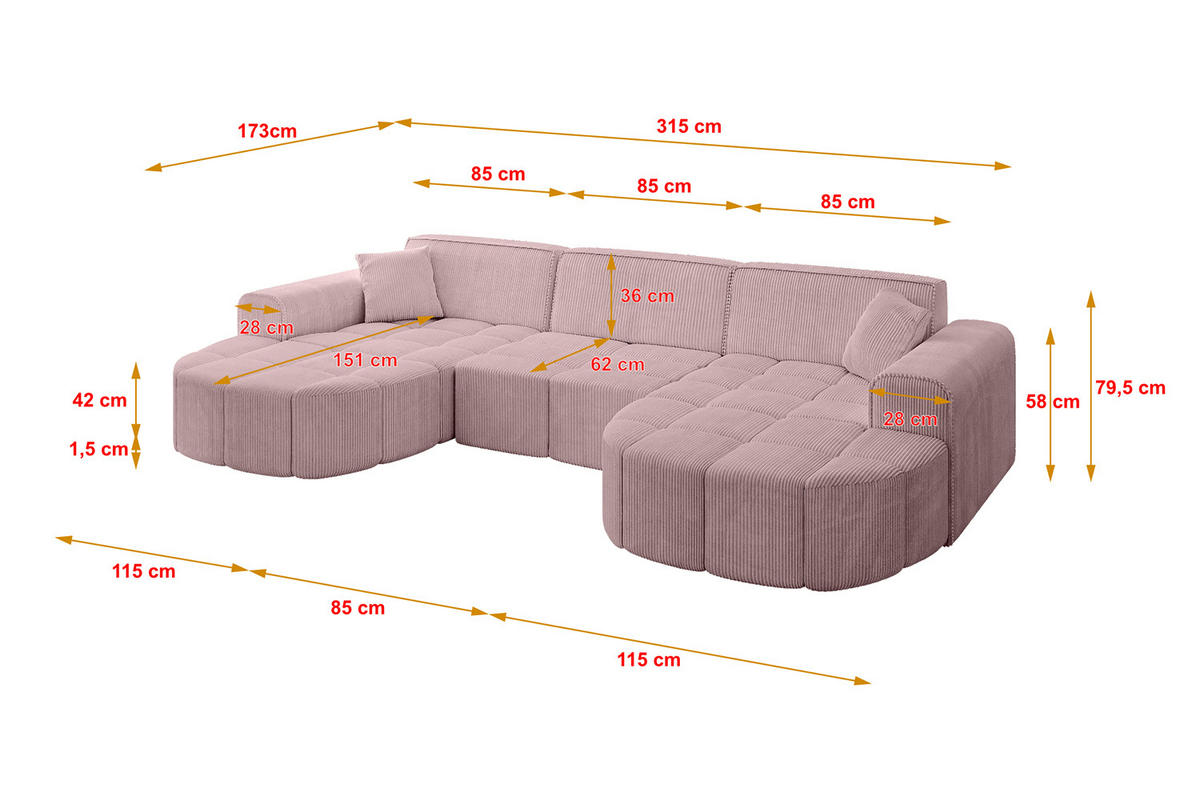 WOHNLANDSCHAFT LIVO-U1 - 315x173x79,5 cm Rosa - Rosa, Holzwerkstoff/Textil (315/79/173cm) - ALTDECOR