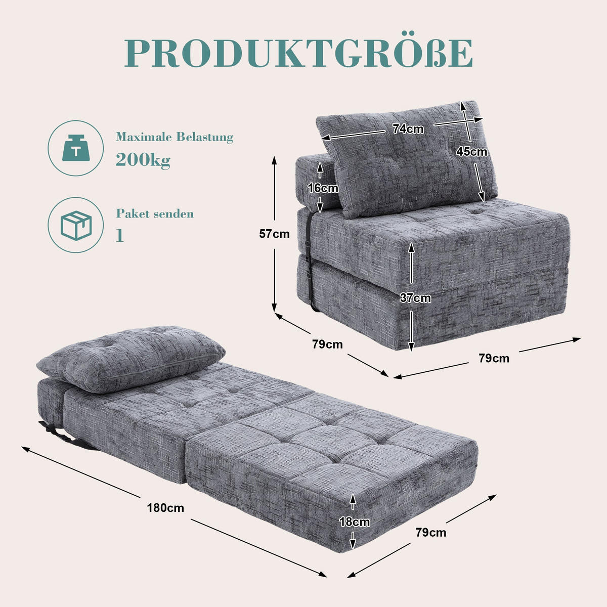 KLAPPBARER Chenille-Sessel mit Kissen, 79 x 79 x 57 cm, Grau - Grau, Textil (79/57/79cm) - Urban Meuble