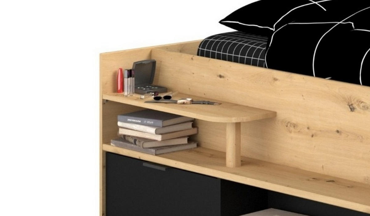 STAURAUMBETT Jugendzimmer Bett 140x200 hydraulischer Bettkasten - Schwarz/Naturfarben, Holz/Holzwerkstoff (140/200cm) - Parisot Meuble