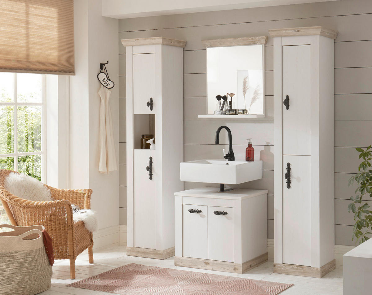 BADKOMBINATION Pinie weiß, Oslo Pinie Landhaus, Badmöbel Set 4-tlg., 184 x 200 cm - Dunkelgrau/Weiß, Holzwerkstoff/Metall (184/200/46cm) - Furn.Design