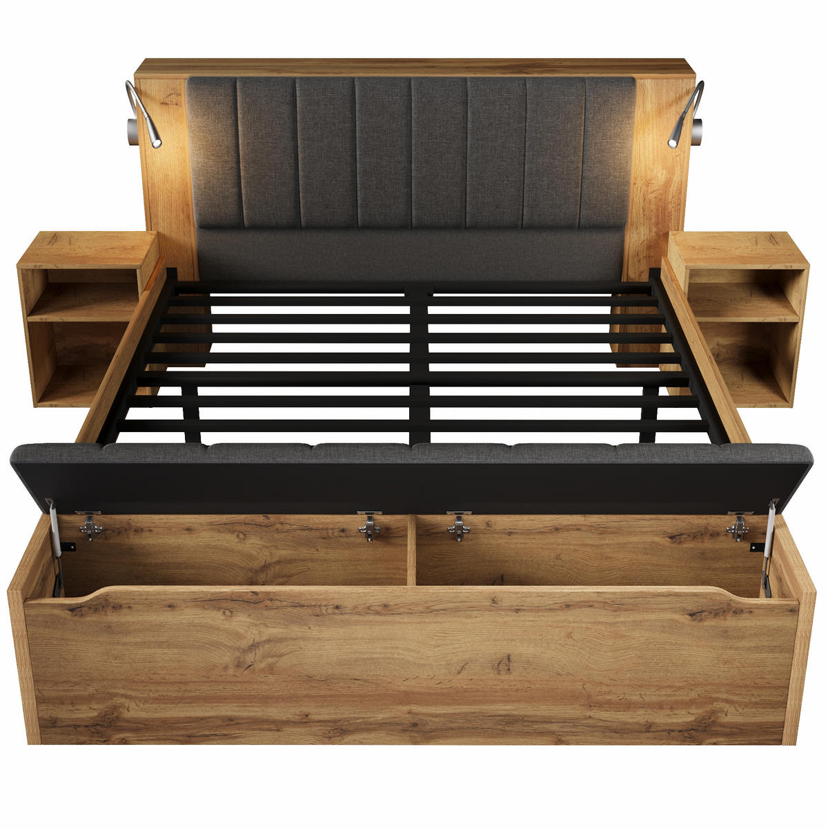 BETT 160/200 cm in Eiche mit Nachttischen, Bettbank und USB-Leselampen - Eichefarben, Holzwerkstoff (160/200cm) - Flora Grace