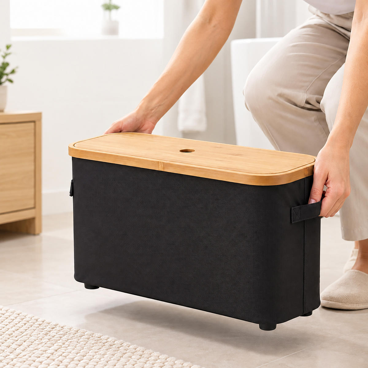 TOILETTENPAPIERBOX Schwarz Bambus 12 Rollen - Schwarz, Holz/Kunststoff (45/34.5/15cm) - Relaxdays