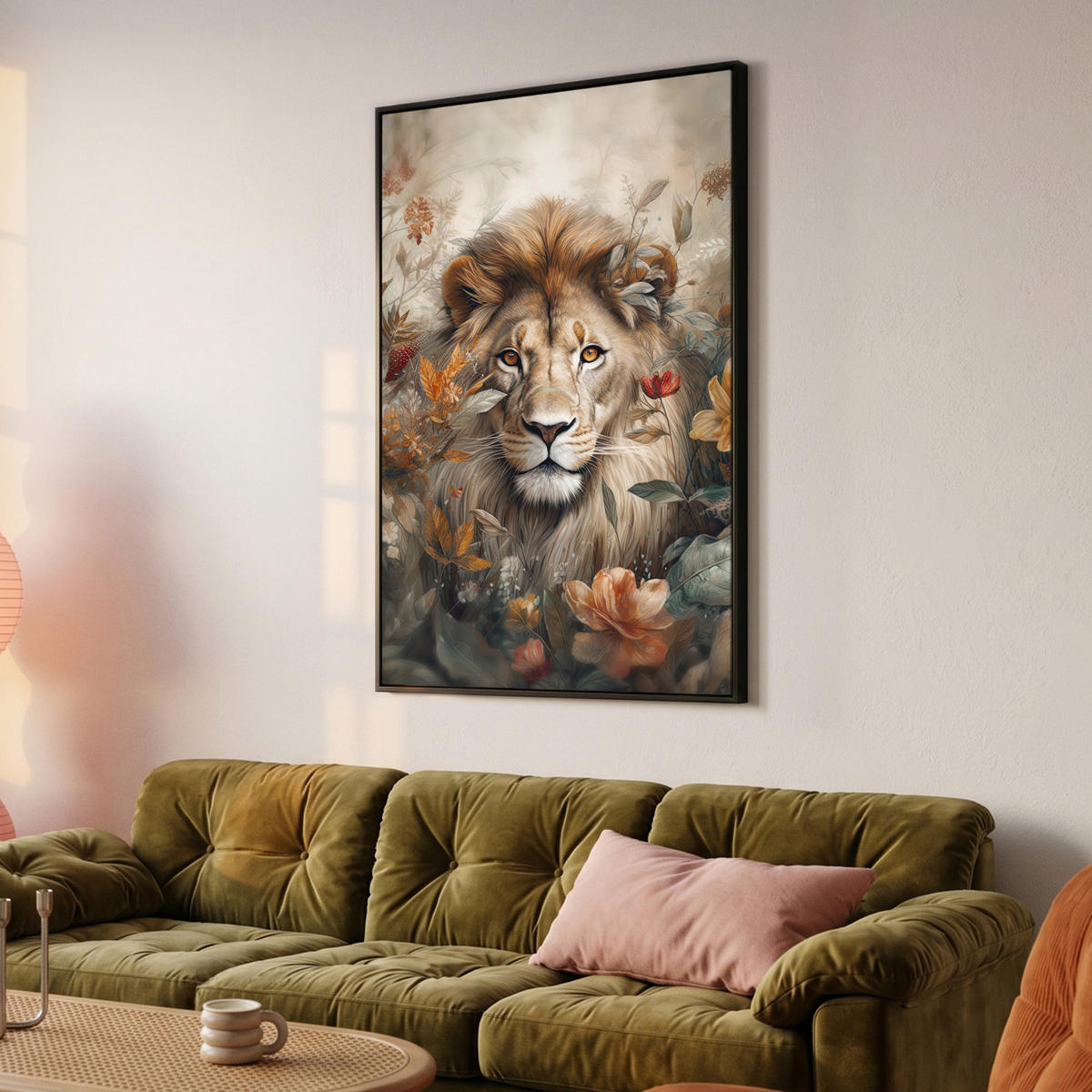 LEINWAND Bilder mit Rahmen - Löwe - Wildtiere - Pflanzen - Natur - Blumen - 90x140 - Beige, Textil (90/140cm) - MuchoWow