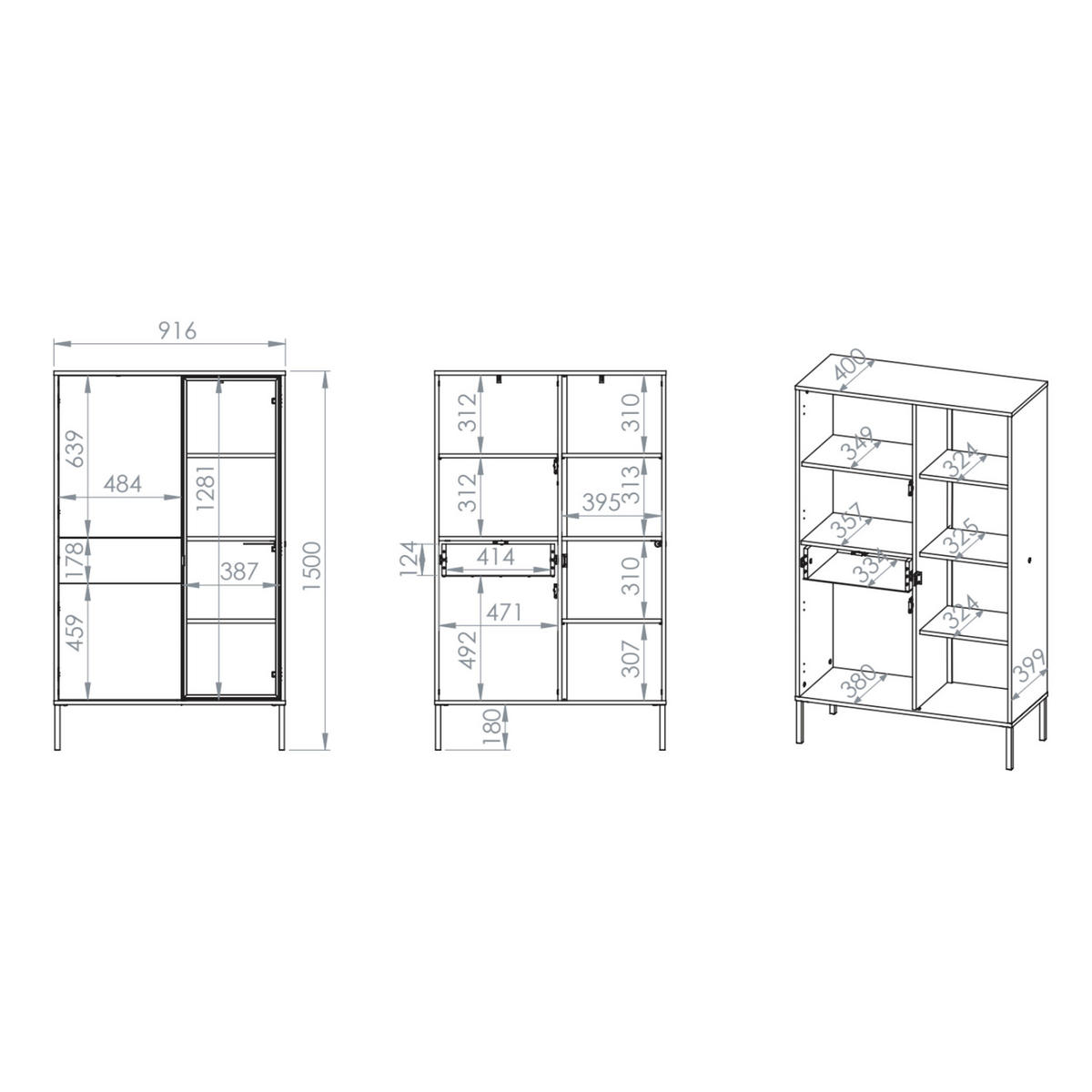 VITRINE Barnee 3-türig Kaschmirgrau, 92 cm - Taupe/Schwarz, Holzwerkstoff/Metall (150/91.6/40cm) - Selsey