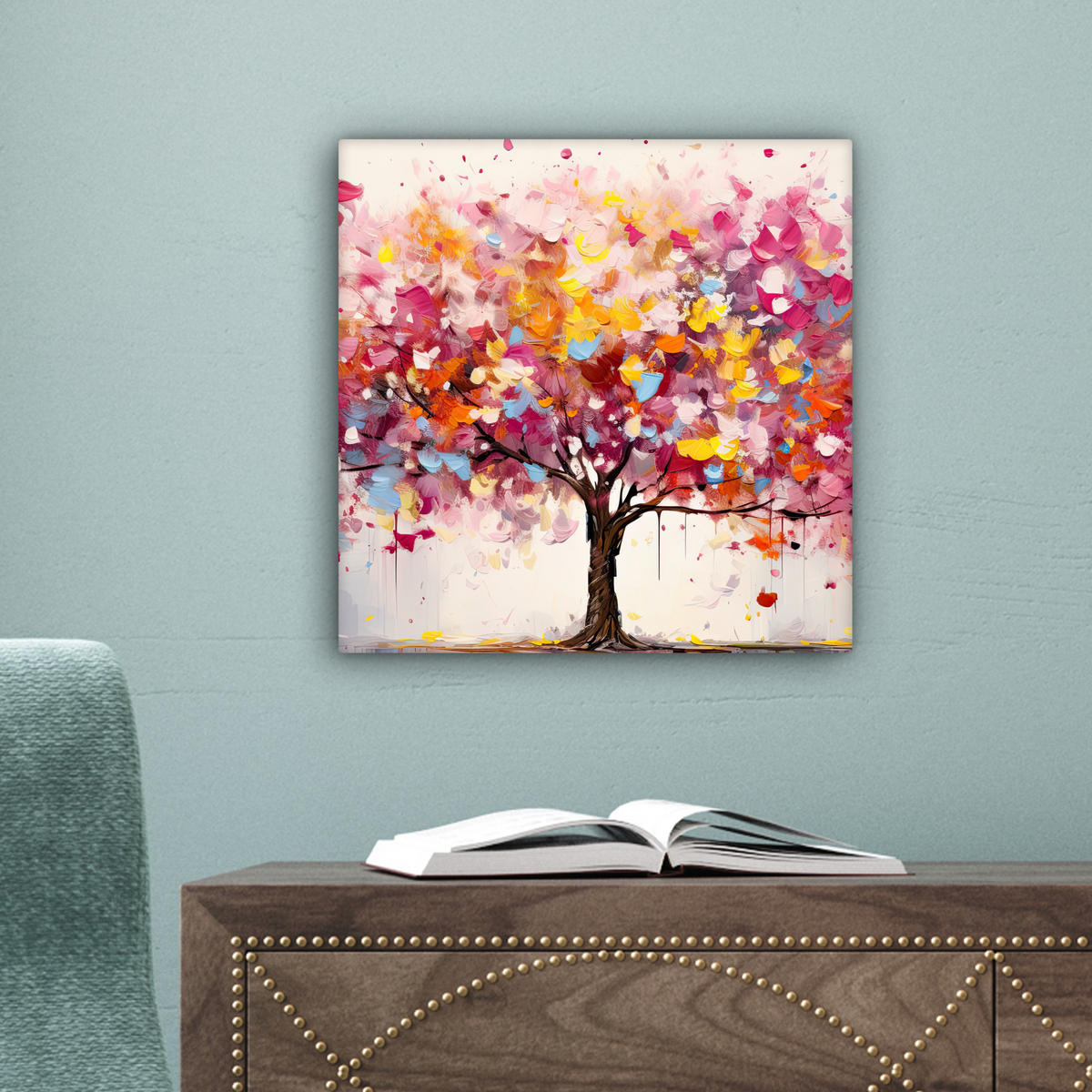 LEINWANDBILD Aquarell - Baum - Kunst - Abstrakt Deko Wohnzimmer 20x20 cm - Multicolor, Textil (20/20cm) - MuchoWow