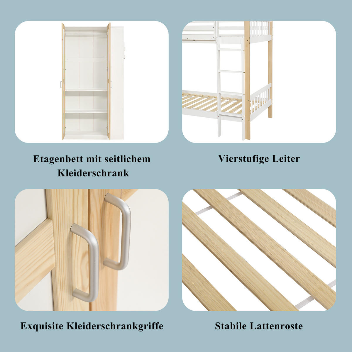 ETAGENBETT 90/200 cm mit Kleiderschrank, Regalen, 4-stufiger Leiter und Fallschutz aus Kieferholz & MDF, Weiß/Natur - Weiß, Holzwerkstoff (90/200cm) - Redom