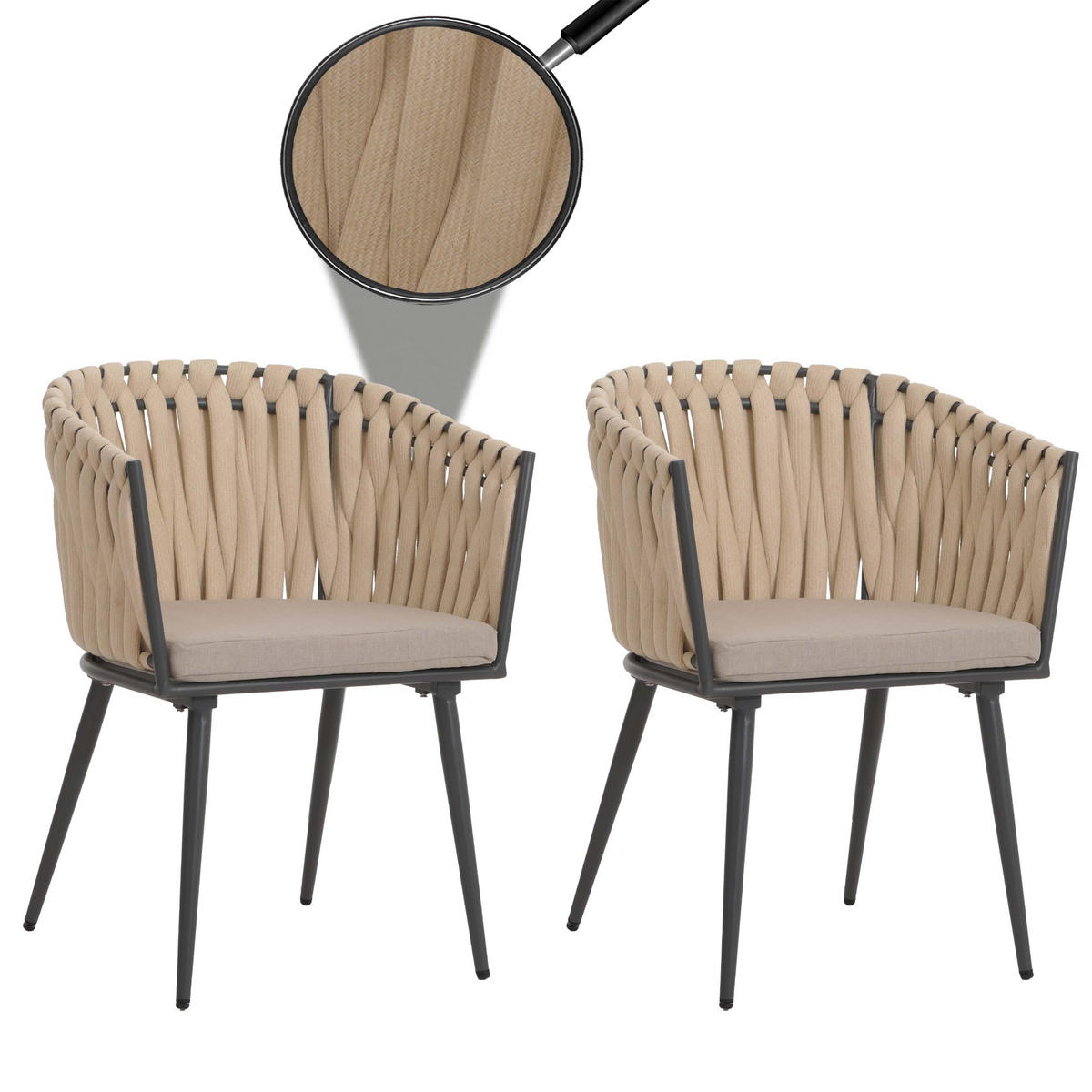 GARTENSTUHL 2er-Set aus Aluminium HxBxT 82x61x57cm Sitzhöhe 50cm Olefin Seilgeflecht Rope Creme Kissen Hellbraun - Creme, Metall (61/82/57cm) - PROREGAL