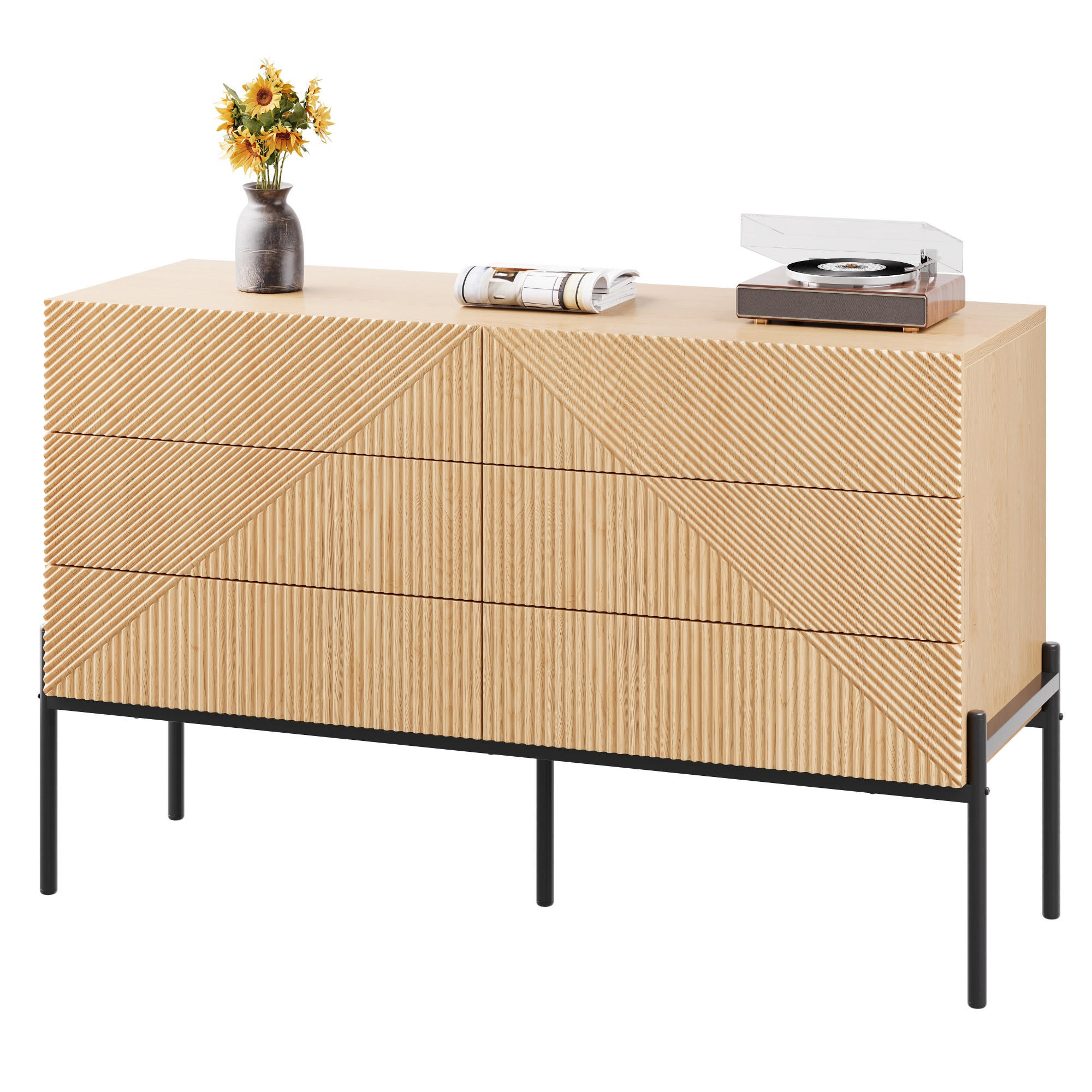SIDEBOARD 6 Schubladen 3D Struktur - Naturfarben, Holz (115.5/75/38cm) - LEBENLANG