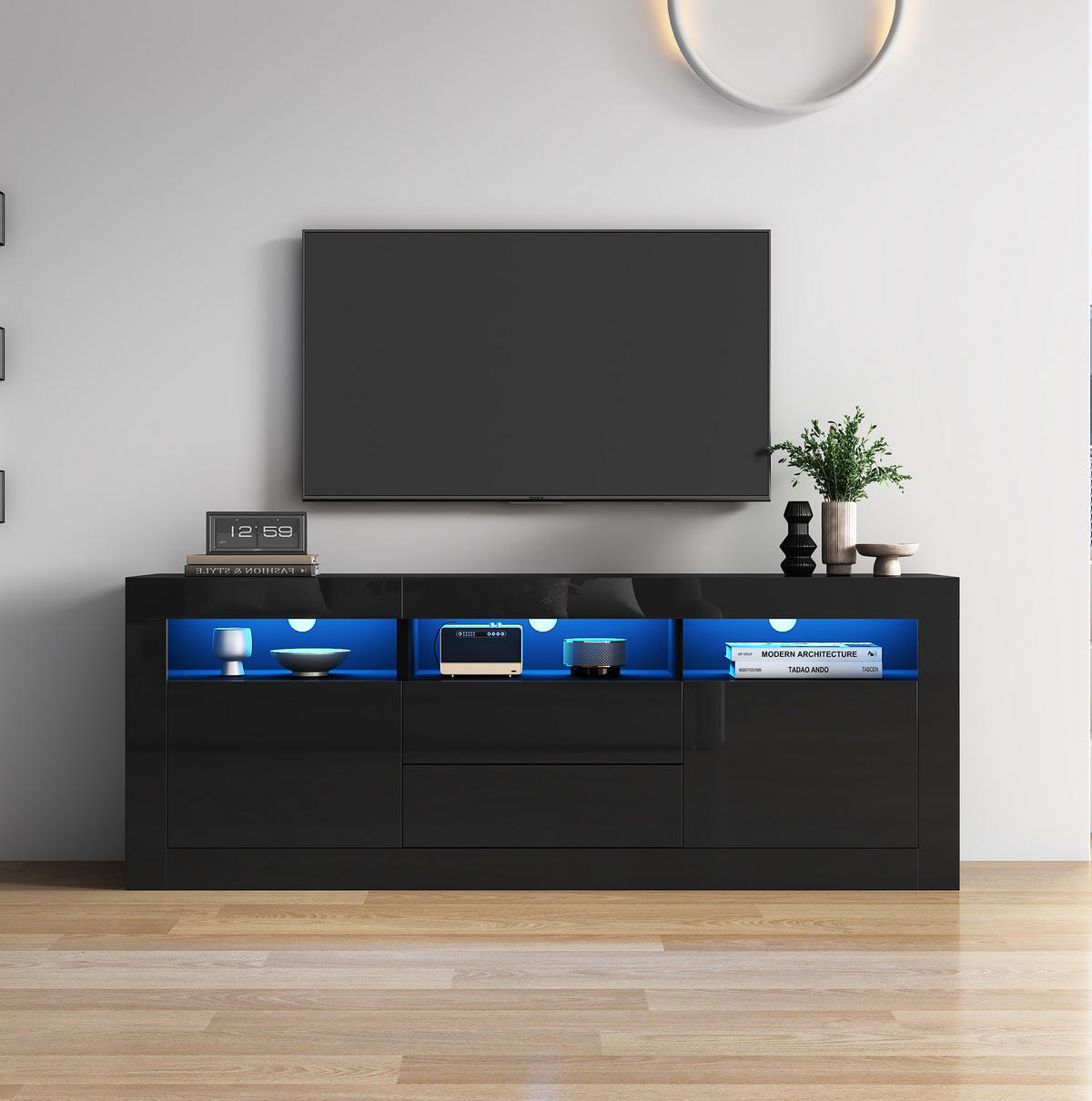 LOWBOARD 160/35/60 cm in Schwarz aus Spanplatte mit Hochglanzfront und LED-Beleuchtung - Schwarz, Holzwerkstoff (35/60/160cm) - OKMYHOME