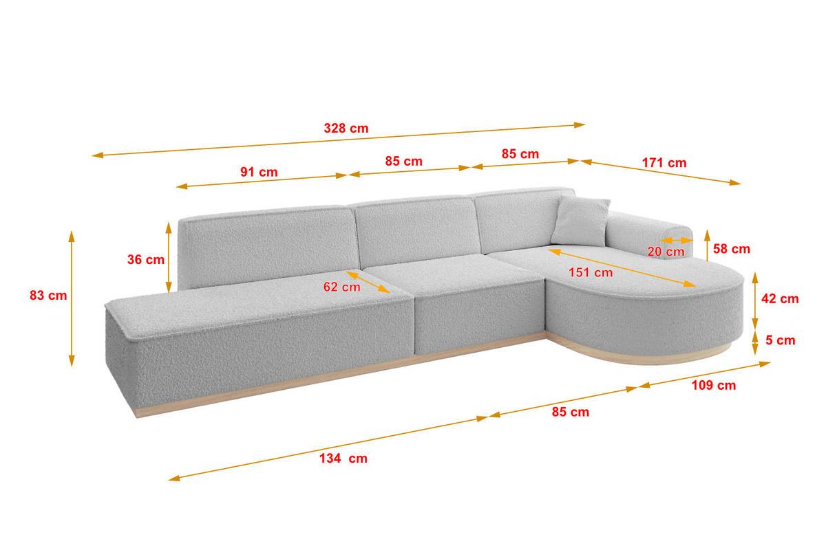 ECKSOFA Ottomane Rechts ARRIO-L2 - 328x171x83 cm Hellgrau - Hellgrau, Holzwerkstoff/Textil (328/171cm) - ALTDECOR