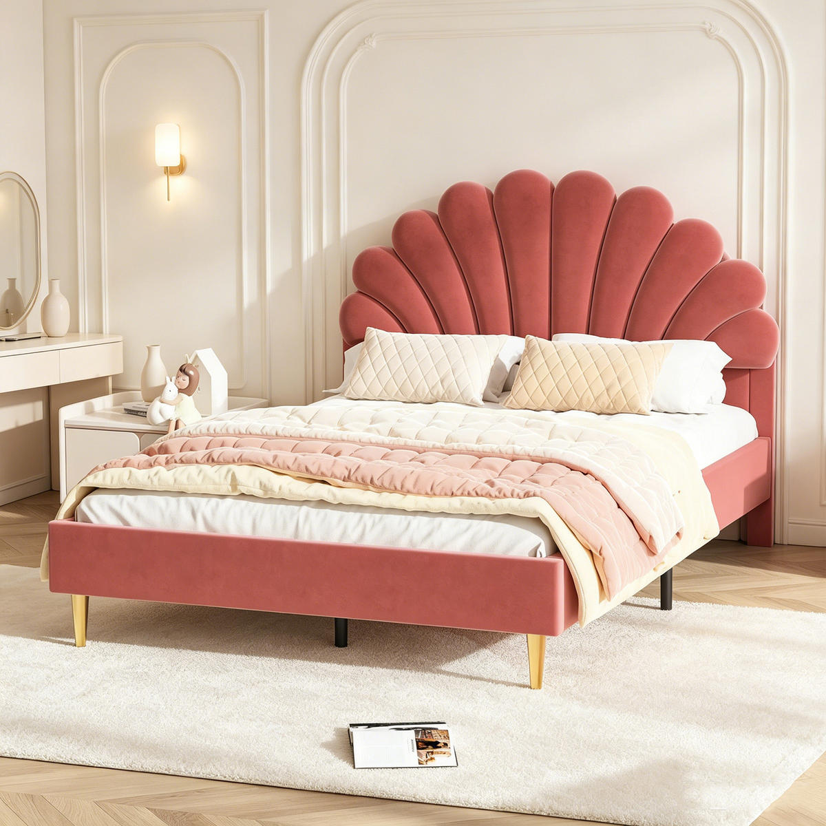 POLSTERBETT 140 x 200, Kinderbett mit Lattenrost, Blütenblattförmiges Kopfteil, Samt, rot - Rot, Holzwerkstoff/Textil (140/200cm) - GENKI LIVING