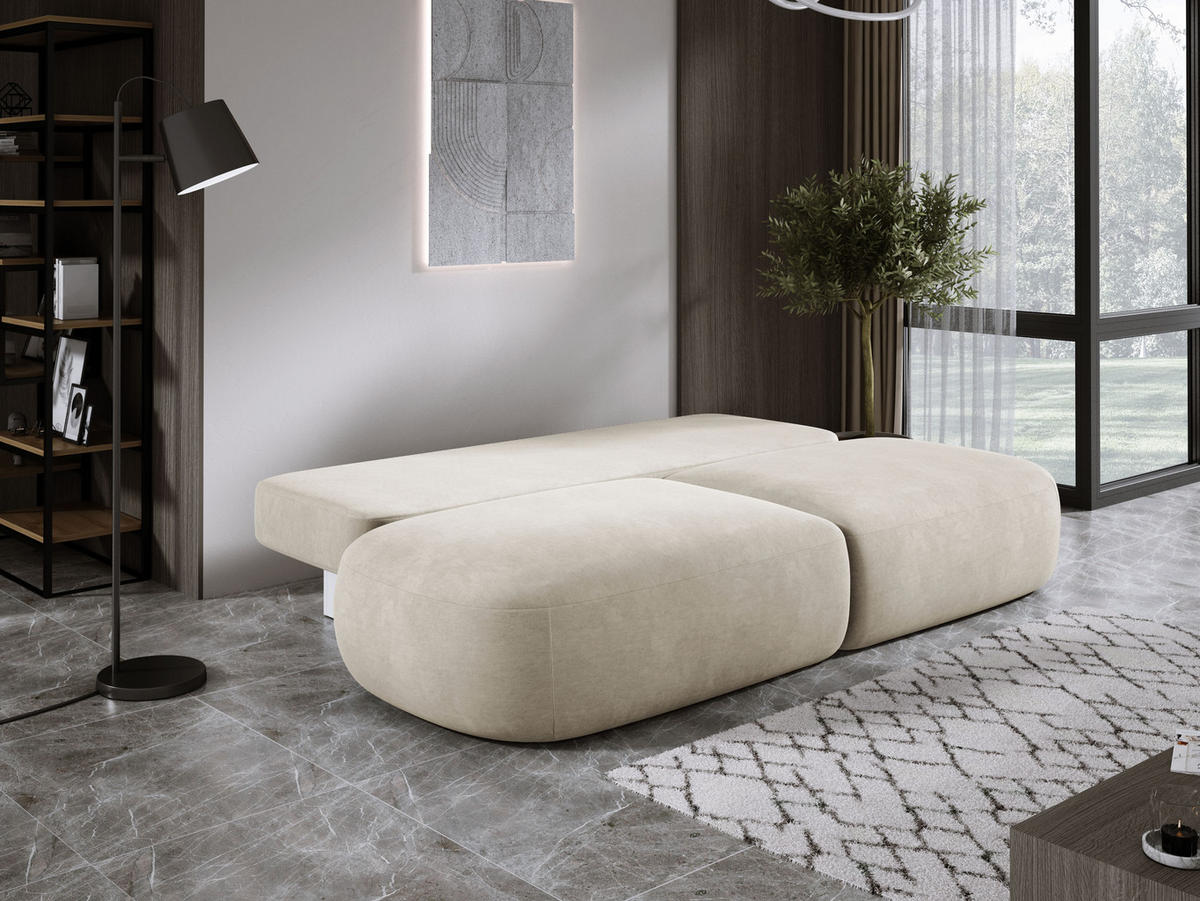 SCHLAFSOFA Moderne BABU mit Schlaffunktion – 3-Sitzer Sofa mit Bettkasten, DL-Automat, 2 Rückenkissen, 2 Zierkissen, 240x90x90 cm, Beige - Beige, Holz/Textil (240/90/90cm) - DomoHome
