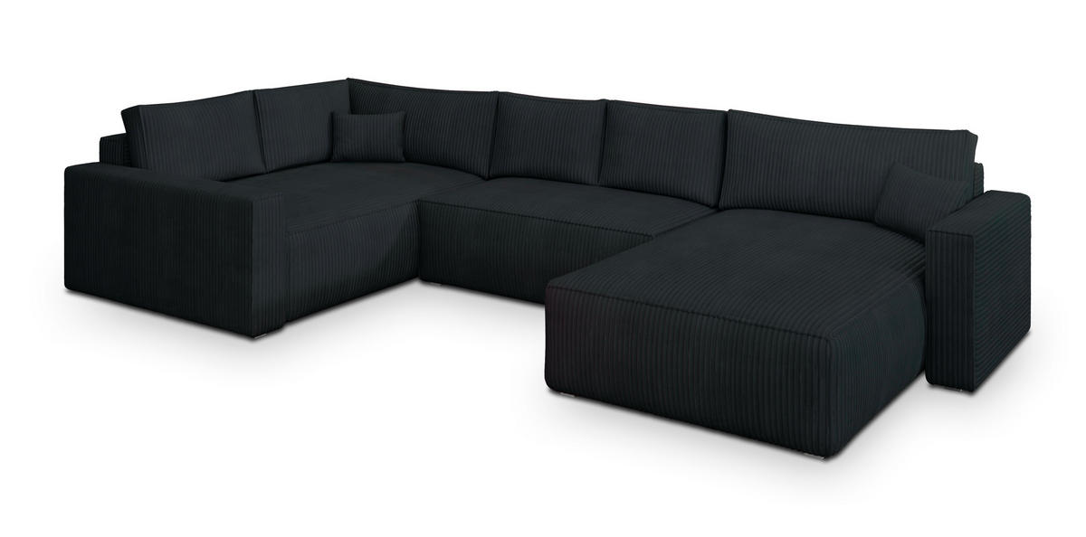 WOHNLANDSCHAFT VELAMI L-S Schwarz Kordstoff mit Schlaffunktion - Schwarz, Holz (365/83/194cm) - MASSENO