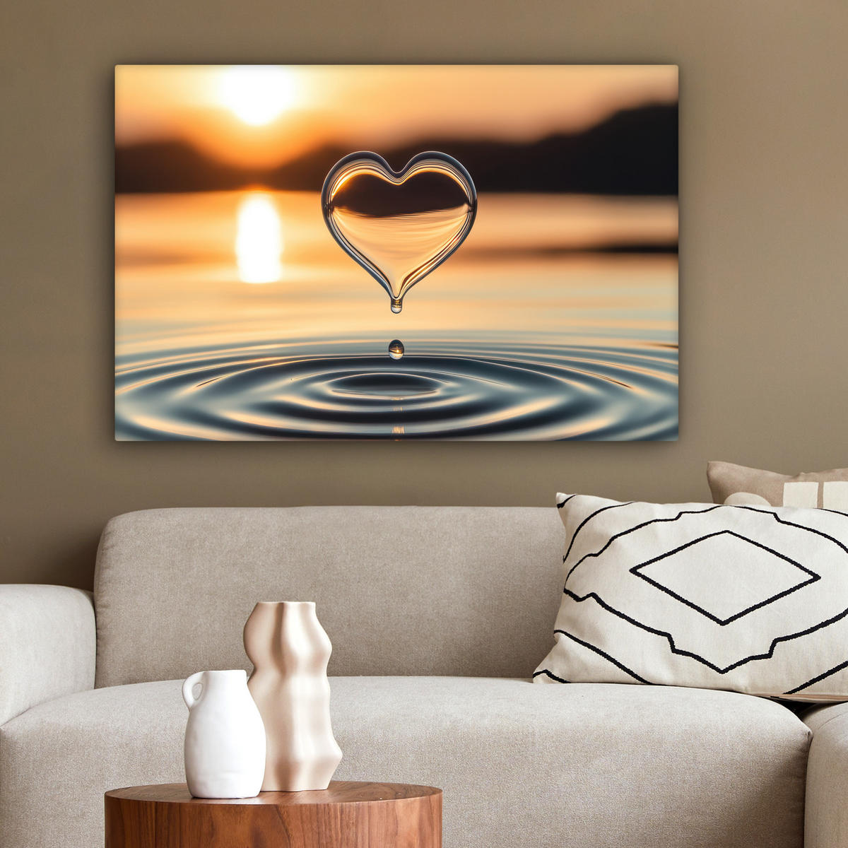 LEINWANDBILD - Herz - Wasser - Sonnenuntergang - Natur - Zen - 60x40 - Wanddeko Schlafzimmer - Bernsteinfarben, Textil (60/40cm) - MuchoWow