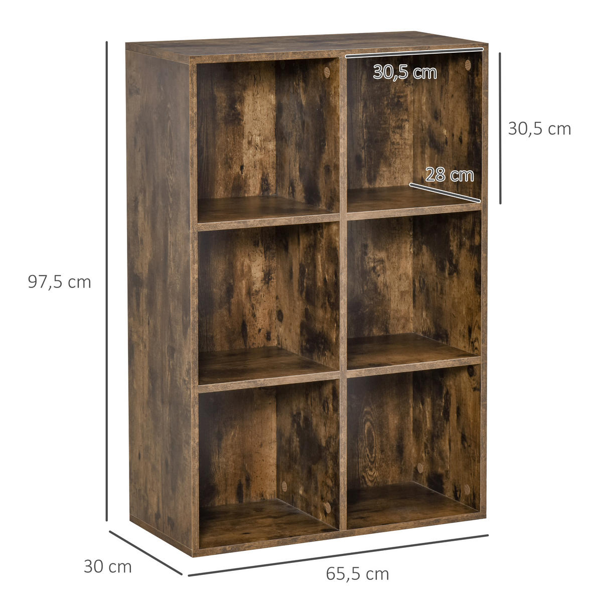BÜCHERREGAL,DREISTÖCKIG 6 Fächer 65,5x30x97,5cm,rustikales braun - Braun, Holzwerkstoff (65.5/97.5/30cm) - Vallsero